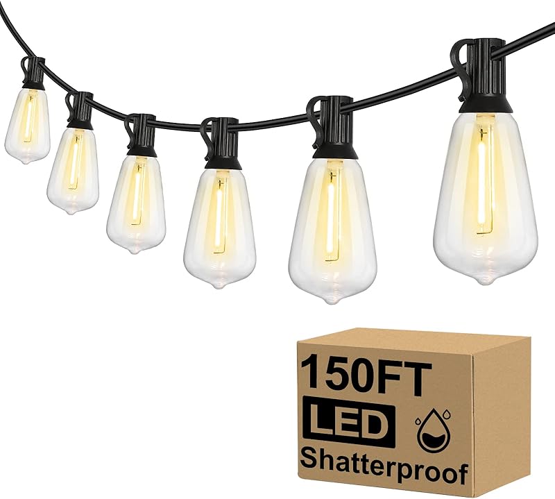 Brightever LED Outdoor String Lights 100FT Patio Lights with 52 Shatterproof ST38 Vintage Edison Bulbs, Outside Hanging Light Waterproof for Porch, Deck, Garden, Backyard, Balcony, 2700K Dimmable