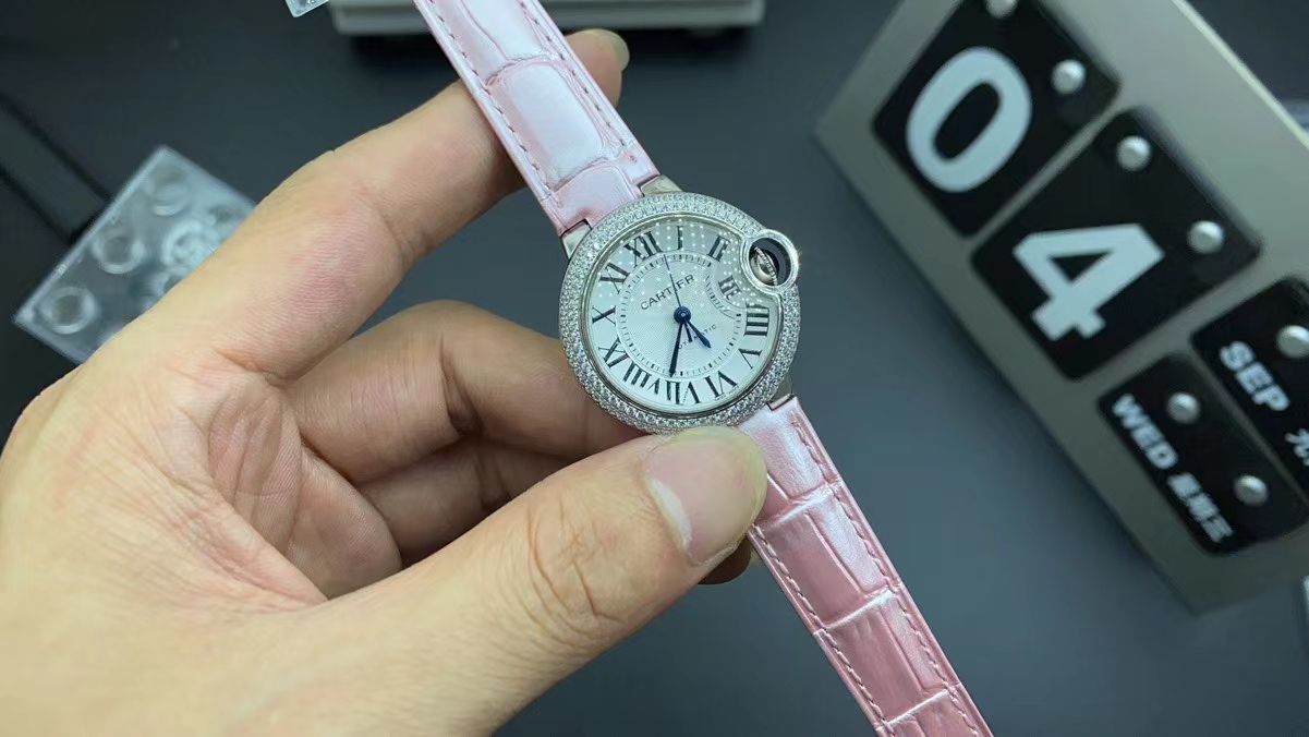 Cartier Ballon Bleu Pink Leather Strap 33mm Double Diamond Setting Luxurious and sophisticated
