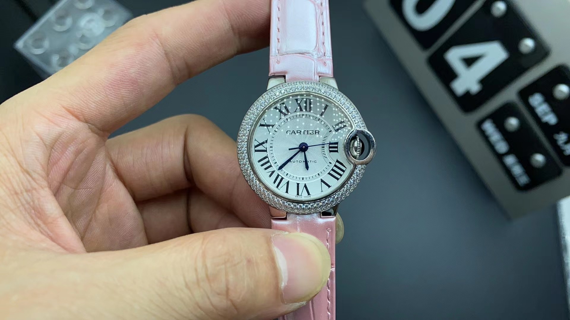 Cartier Ballon Bleu Pink Leather Strap 33mm Double Diamond Setting Luxurious and sophisticated
