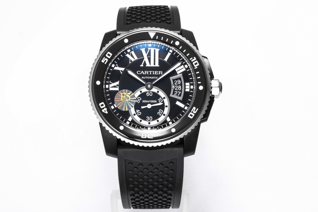 Cartier Calibre Diving Collection, 316L stainless steel case, ceramic bezel with ultra-luminescent coating, highly luminous dial markers, sapphire crystal with blue light reflection, 42x11mm dimensions. Powered by the Calibre 1904-PS automatic mechanical 
