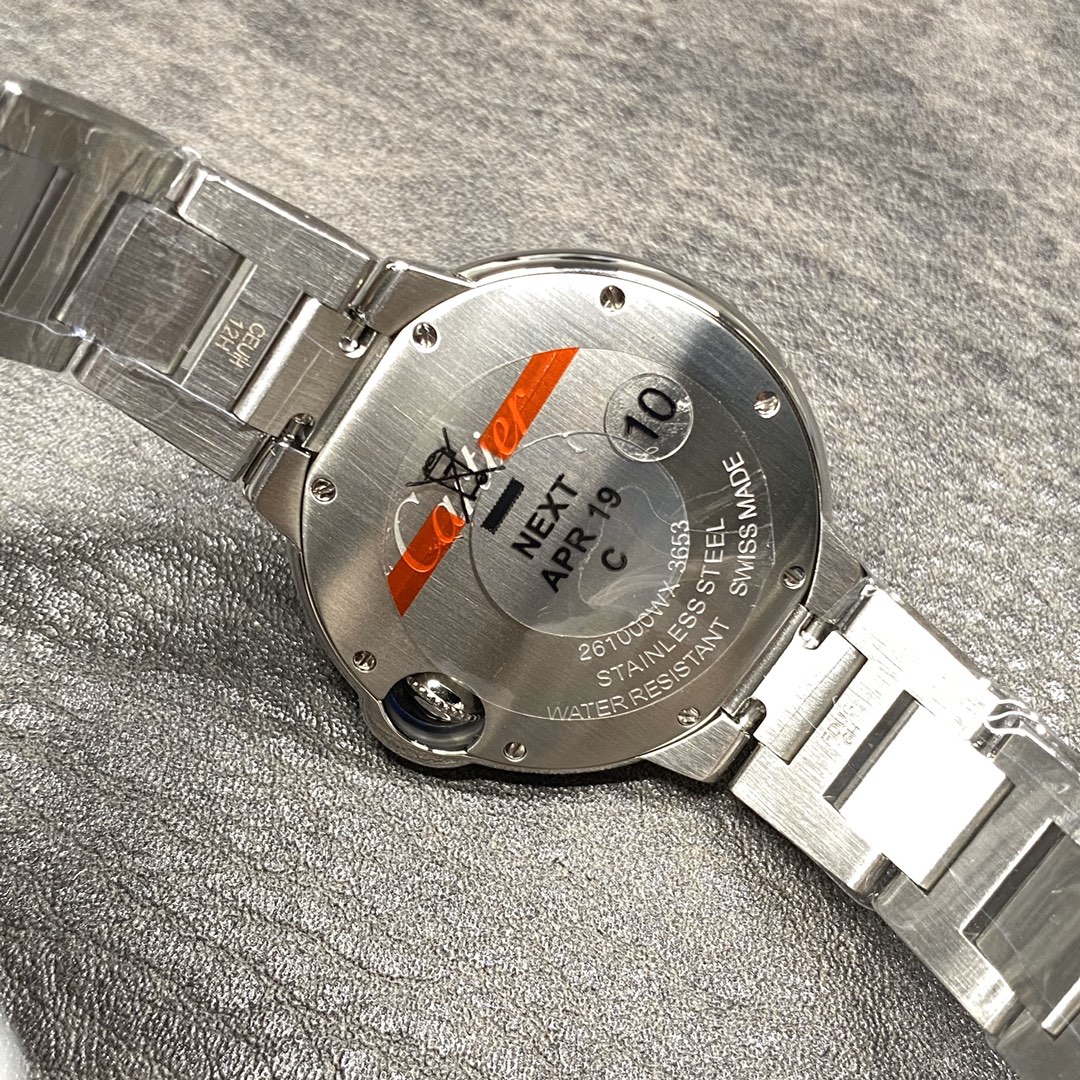 Cartier Ballon Bleu Collection! Model WE9003Z3, ladies' watch with a 33mm case diameter. The pink Ballon Bleu has always been a classic, and this version features a steel bracelet with diamond accents.