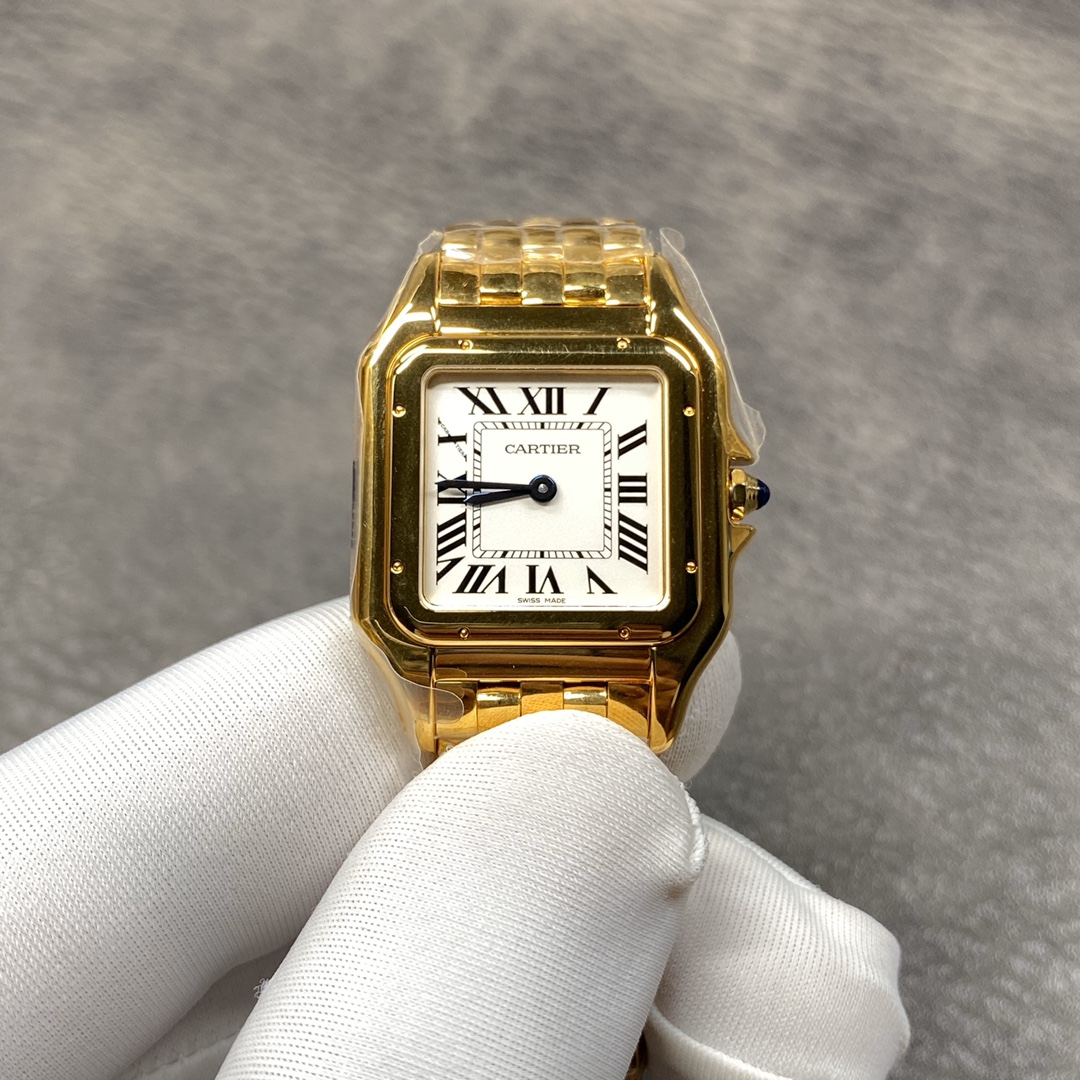 Cartier Panthère Collection Watch Dimensions: 27 x 37 millimetres. Available in white steel, yellow gold, or rose gold. The double-layered case presents a bold, three-dimensional silhouette with distinct layering. Edges are polished to a smooth, symmetric