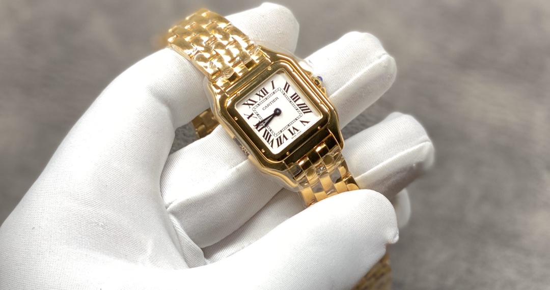 Cartier Panthère Collection Watch Dimensions: 27 x 37 millimetres. Available in white steel, yellow gold, or rose gold. The double-layered case presents a bold, three-dimensional silhouette with distinct layering. Edges are polished to a smooth, symmetric