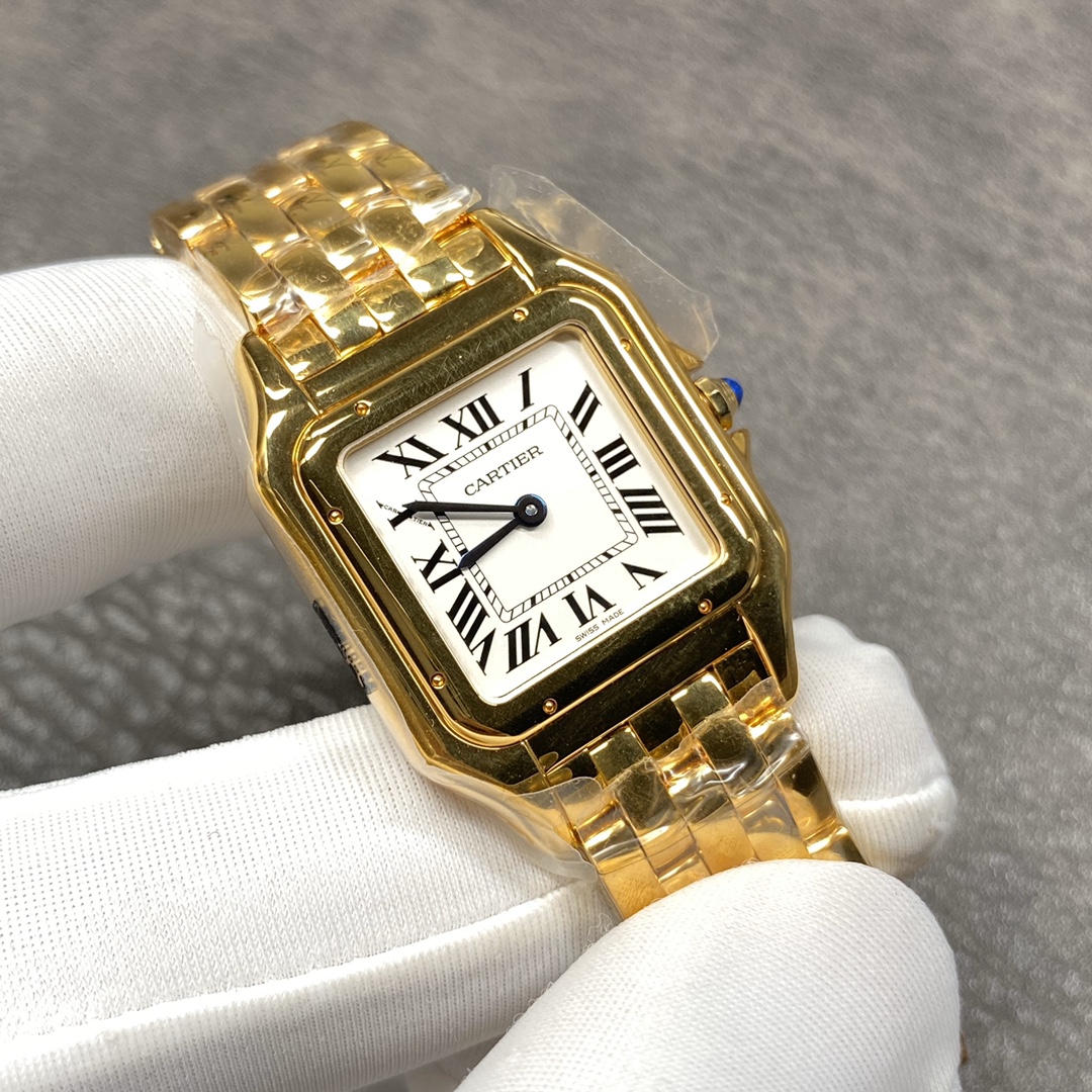 Cartier Panthère Collection Watch Dimensions: 27 x 37 millimetres. Available in white steel, yellow gold, or rose gold. The double-layered case presents a bold, three-dimensional silhouette with distinct layering. Edges are polished to a smooth, symmetric