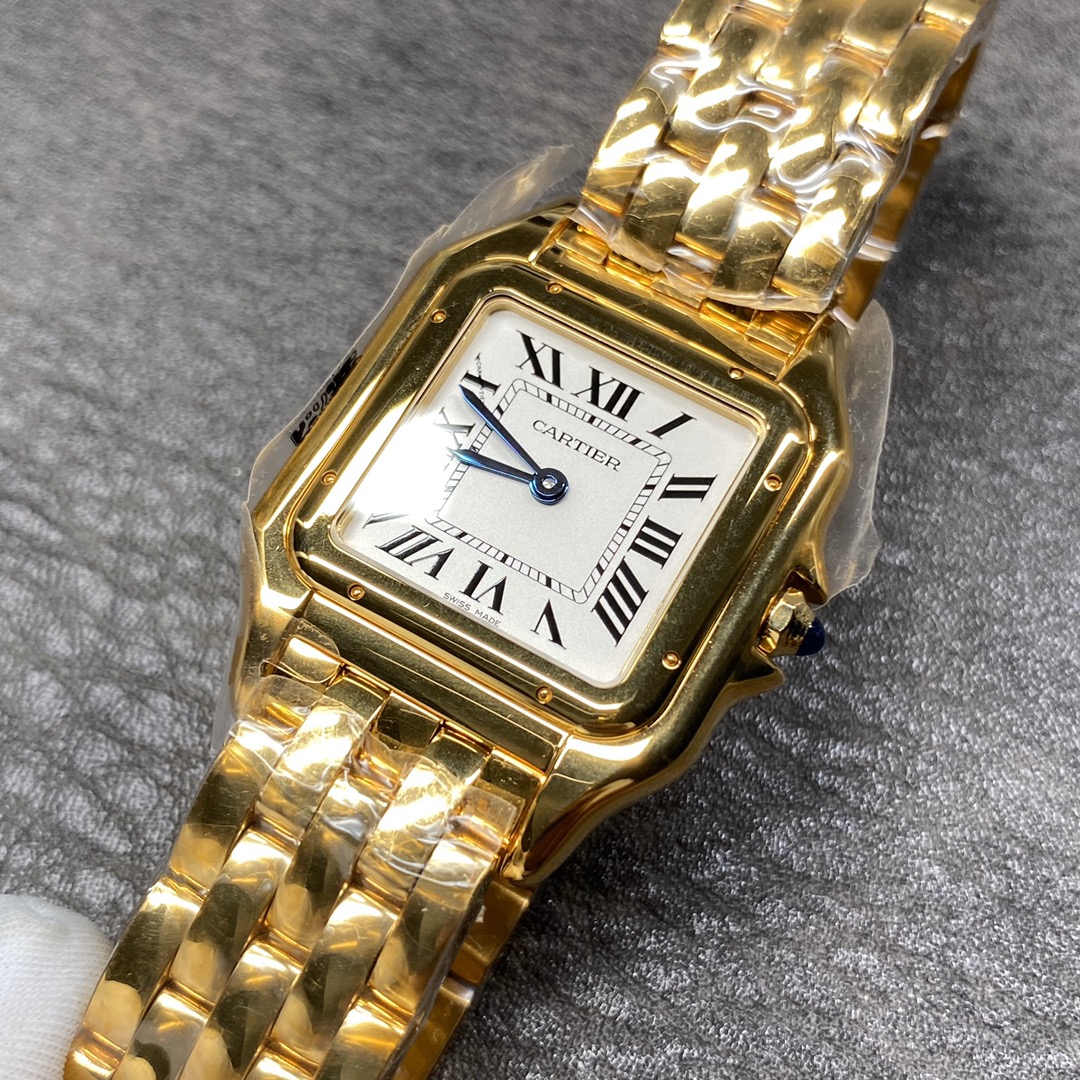 Cartier Panthère Collection Watch Dimensions: 27 x 37 millimetres. Available in white steel, yellow gold, or rose gold. The double-layered case presents a bold, three-dimensional silhouette with distinct layering. Edges are polished to a smooth, symmetric