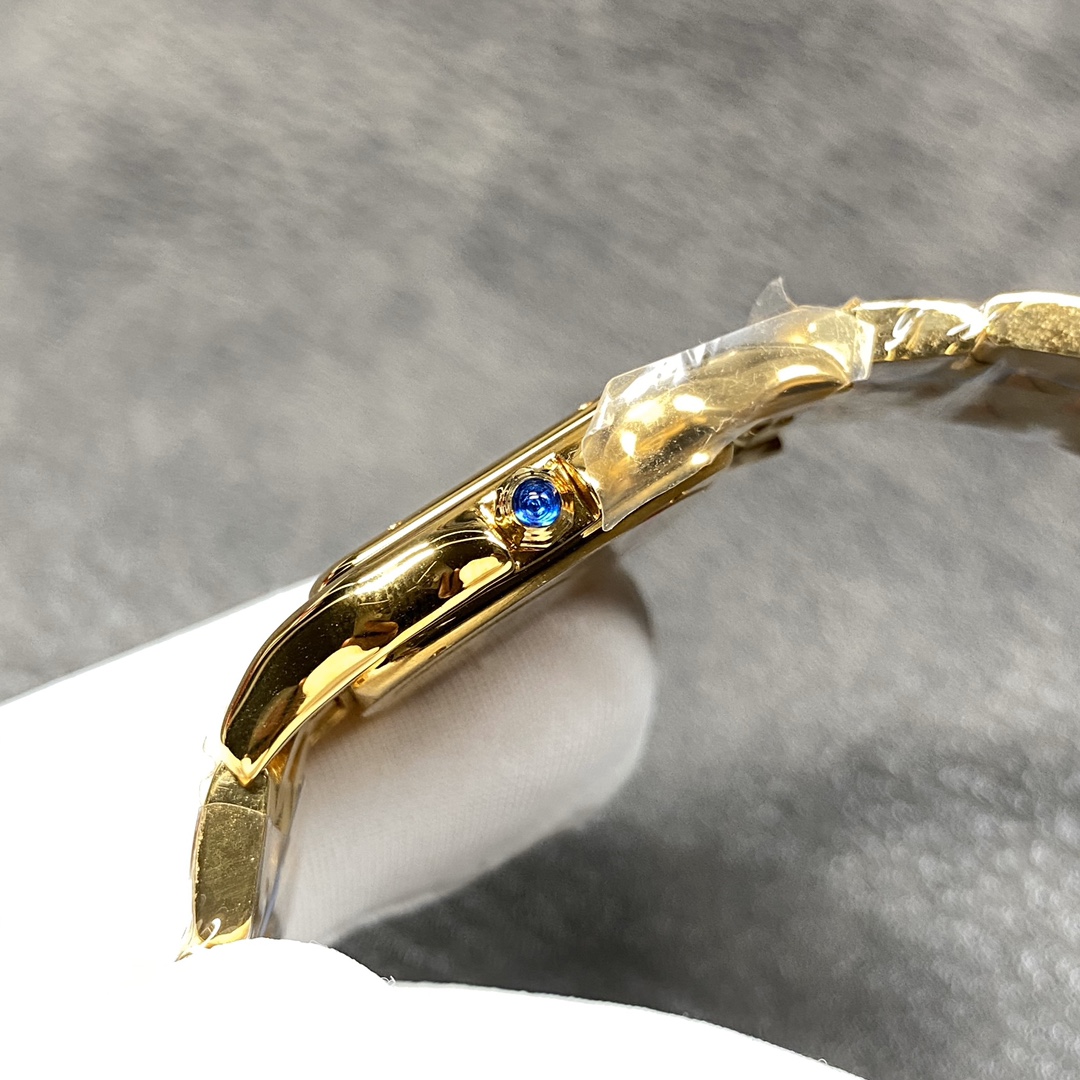 Cartier Panthère Collection Watch Dimensions: 27 x 37 millimetres. Available in white steel, yellow gold, or rose gold. The double-layered case presents a bold, three-dimensional silhouette with distinct layering. Edges are polished to a smooth, symmetric