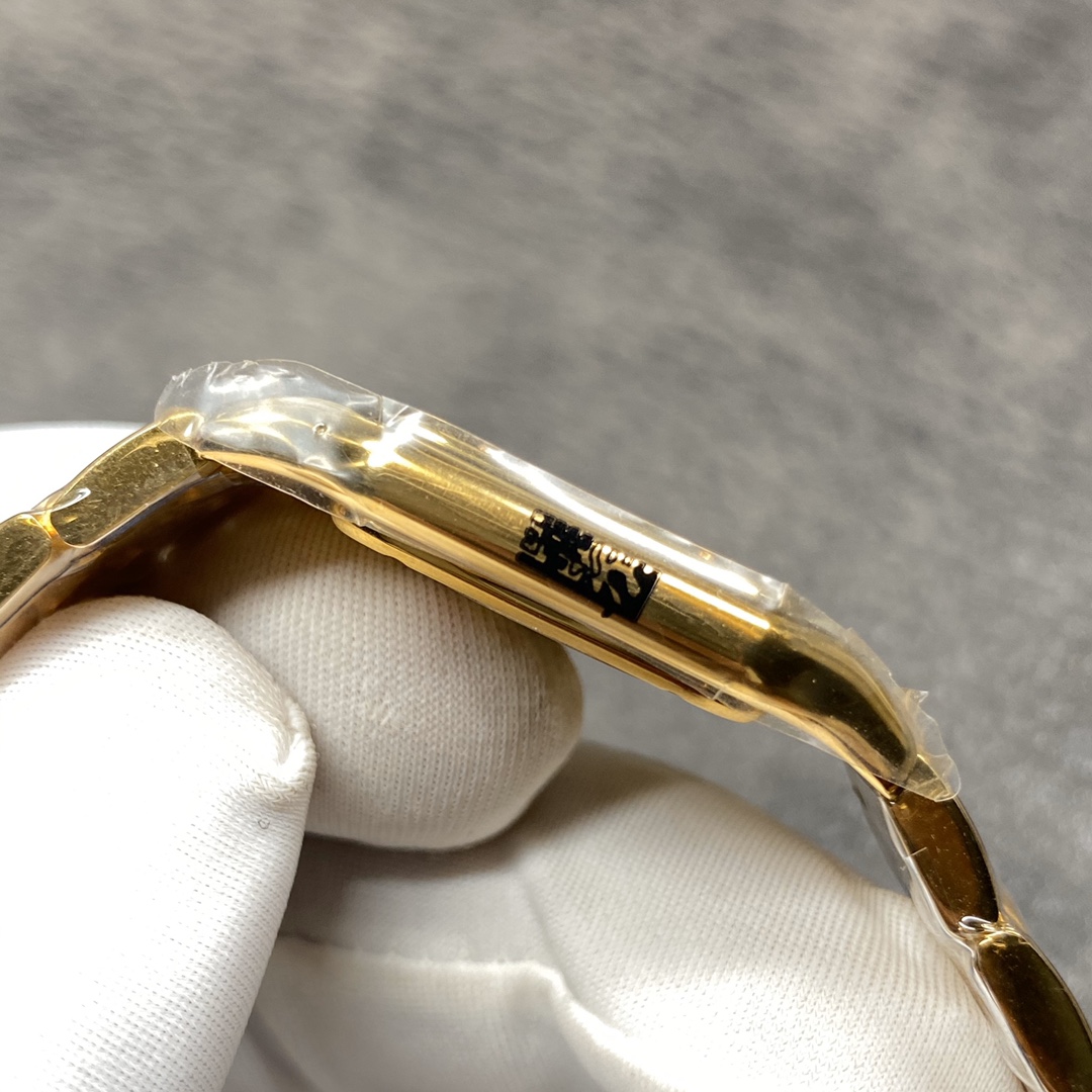 Cartier Panthère Collection Watch Dimensions: 27 x 37 millimetres. Available in white steel, yellow gold, or rose gold. The double-layered case presents a bold, three-dimensional silhouette with distinct layering. Edges are polished to a smooth, symmetric