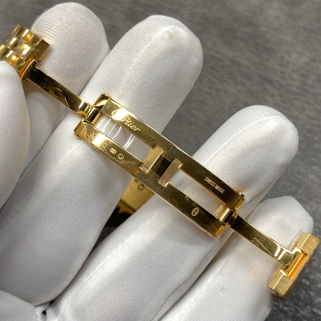 Cartier Panthère Collection Watch Dimensions: 27 x 37 millimetres. Available in white steel, yellow gold, or rose gold. The double-layered case presents a bold, three-dimensional silhouette with distinct layering. Edges are polished to a smooth, symmetric