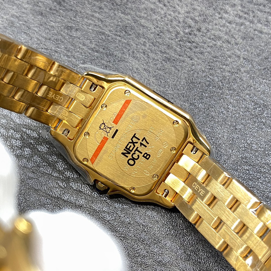 Cartier Panthère Collection Watch Dimensions: 27 x 37 millimetres. Available in white steel, yellow gold, or rose gold. The double-layered case presents a bold, three-dimensional silhouette with distinct layering. Edges are polished to a smooth, symmetric