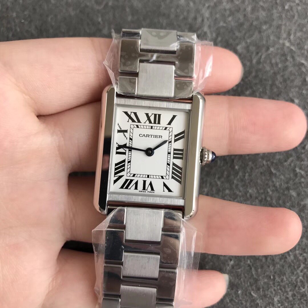 Cartier Women's Tank Solo Watch! Blue-steel hands with heat-treated finish. Case sides feature authentic flat-head screws identical to genuine models. Case back exhibits distinct chamfered edges. Paired with original alligator leather strap. Compact dimen