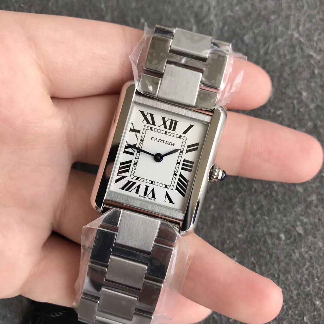 Cartier Women's Tank Solo Watch! Blue-steel hands with heat-treated finish. Case sides feature authentic flat-head screws identical to genuine models. Case back exhibits distinct chamfered edges. Paired with original alligator leather strap. Compact dimen