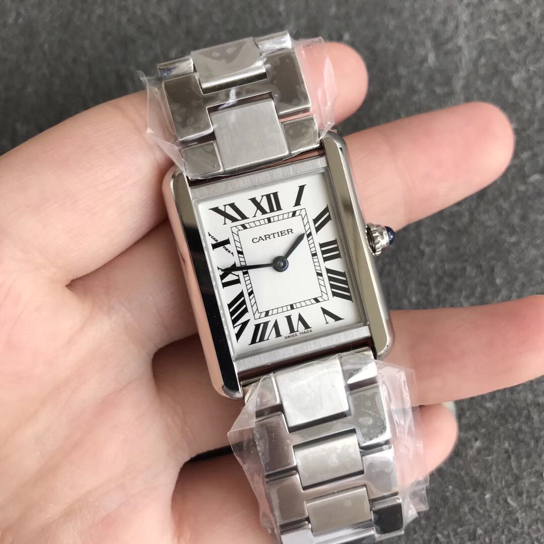 Cartier Women's Tank Solo Watch! Blue-steel hands with heat-treated finish. Case sides feature authentic flat-head screws identical to genuine models. Case back exhibits distinct chamfered edges. Paired with original alligator leather strap. Compact dimen