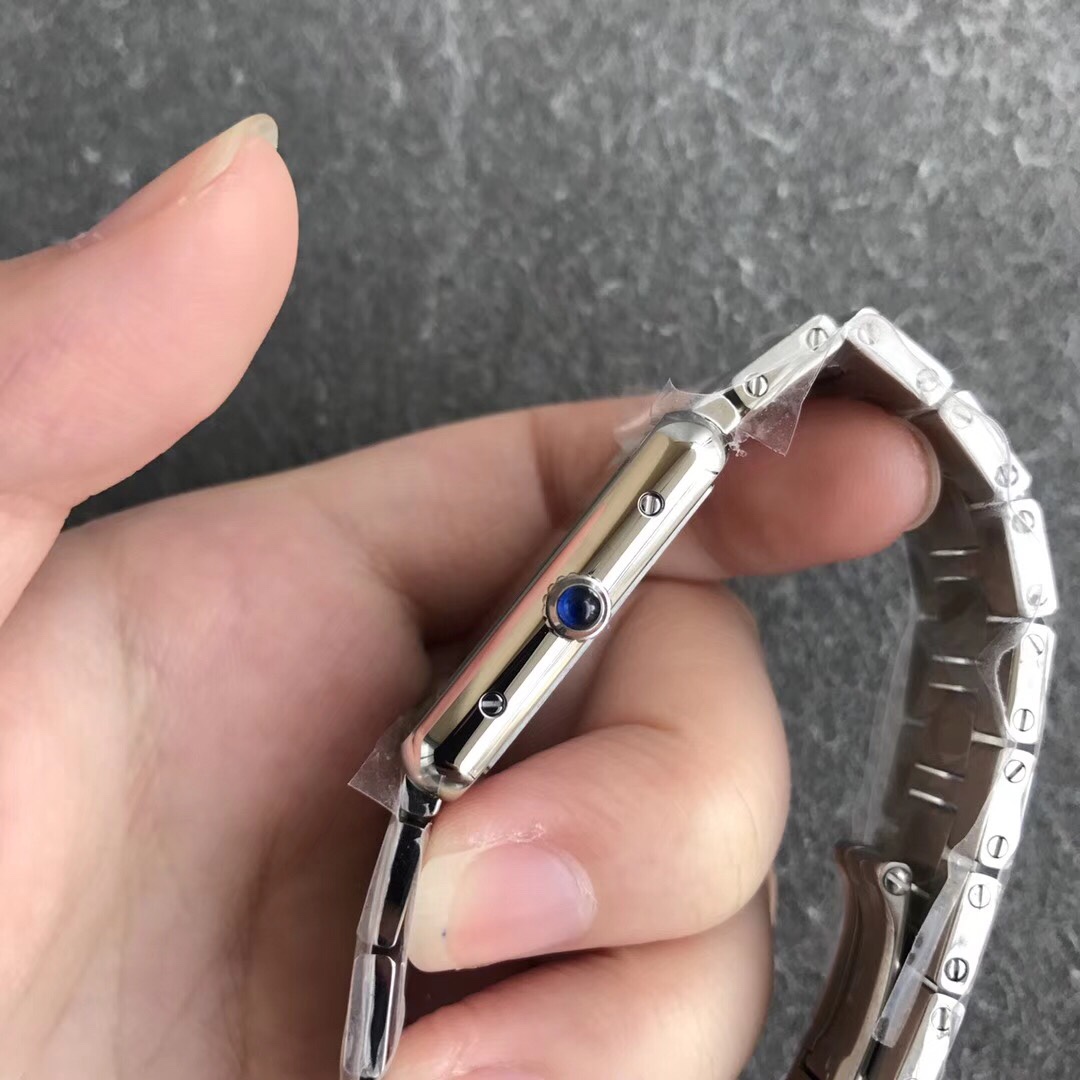 Cartier Women's Tank Solo Watch! Blue-steel hands with heat-treated finish. Case sides feature authentic flat-head screws identical to genuine models. Case back exhibits distinct chamfered edges. Paired with original alligator leather strap. Compact dimen