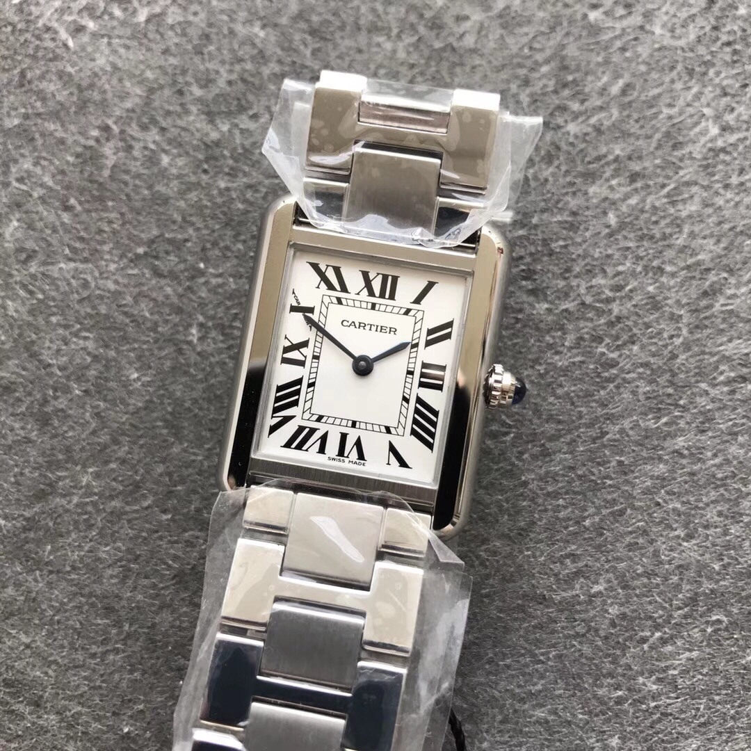 Cartier Women's Tank Solo Watch! Blue-steel hands with heat-treated finish. Case sides feature authentic flat-head screws identical to genuine models. Case back exhibits distinct chamfered edges. Paired with original alligator leather strap. Compact dimen