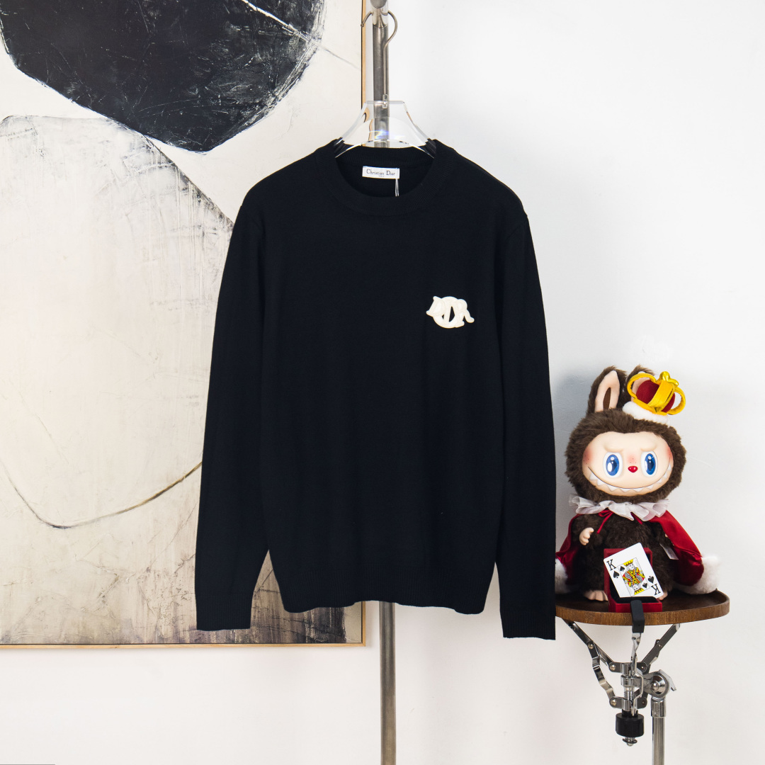 DIOR 2025Fw Classic Simple Casual Pullover Sweater with Flocked Embroidered Logo on the Chest