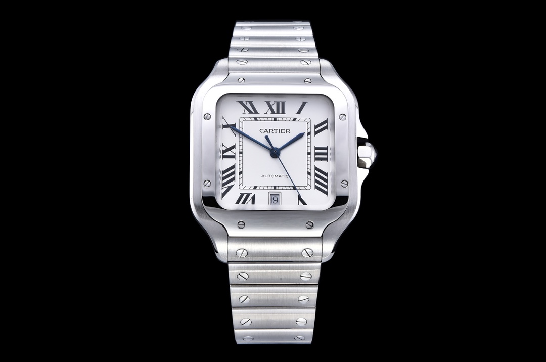 Cartier Santos Sapphire crystal, stainless steel bracelet, calfskin leather strap