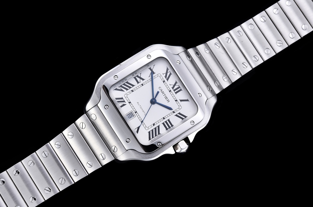 Cartier Santos Sapphire crystal, stainless steel bracelet, calfskin leather strap