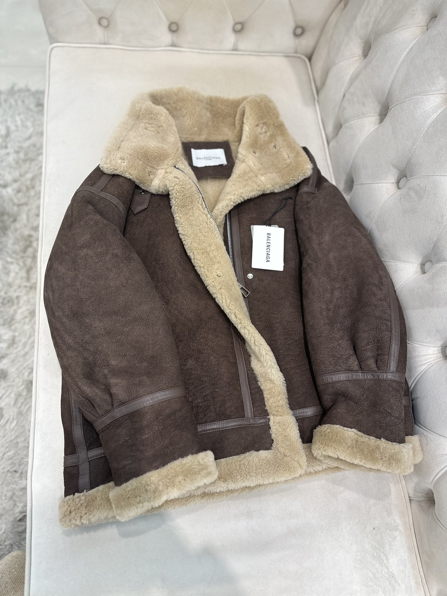 Balenciaga De Pimocha Grey Shearling-Lined Motorcycle Jacket