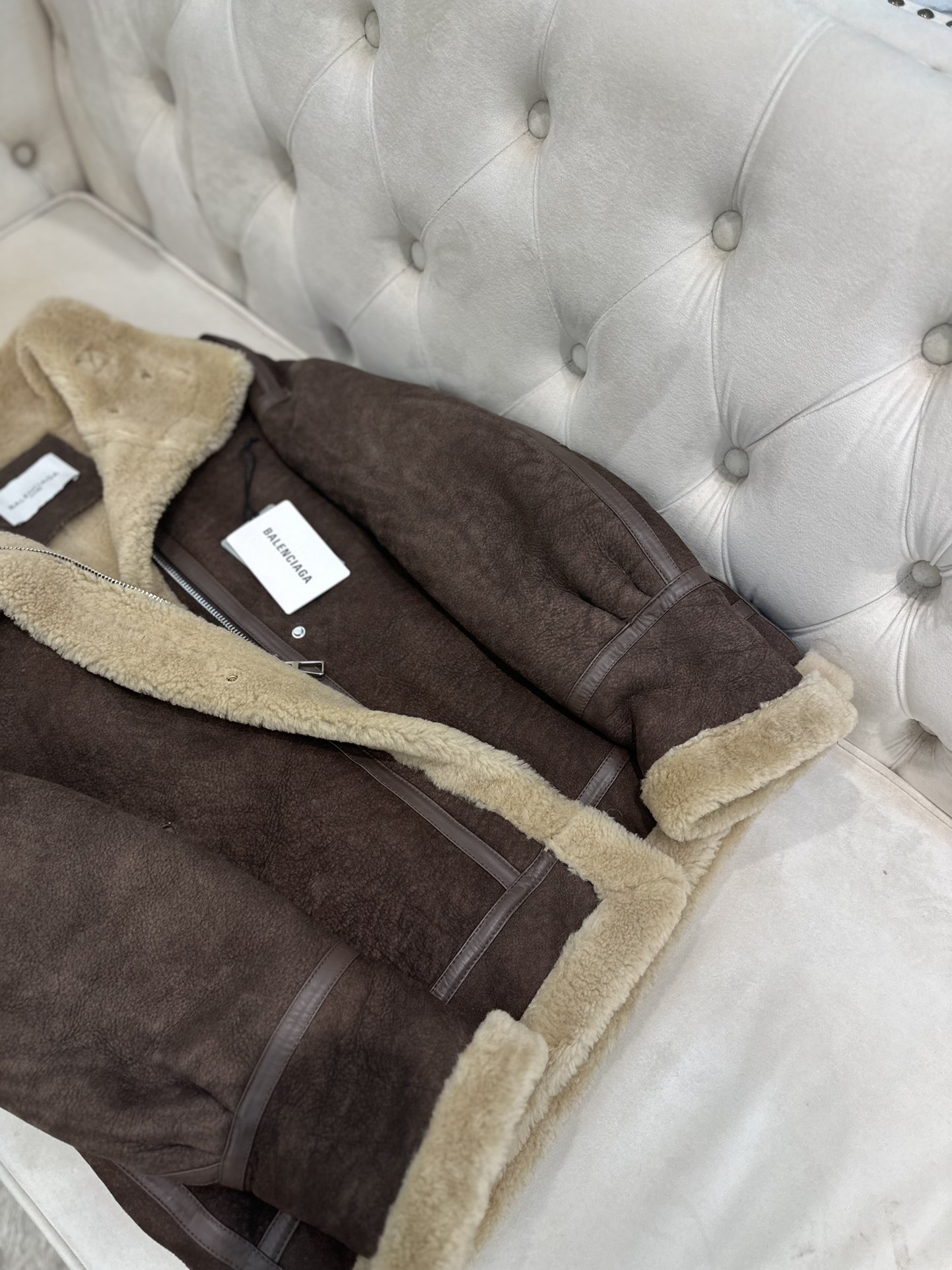 Balenciaga De Pimocha Grey Shearling-Lined Motorcycle Jacket