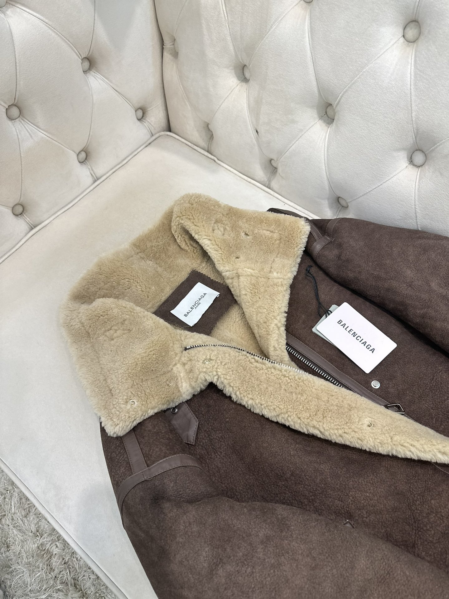 Balenciaga De Pimocha Grey Shearling-Lined Motorcycle Jacket