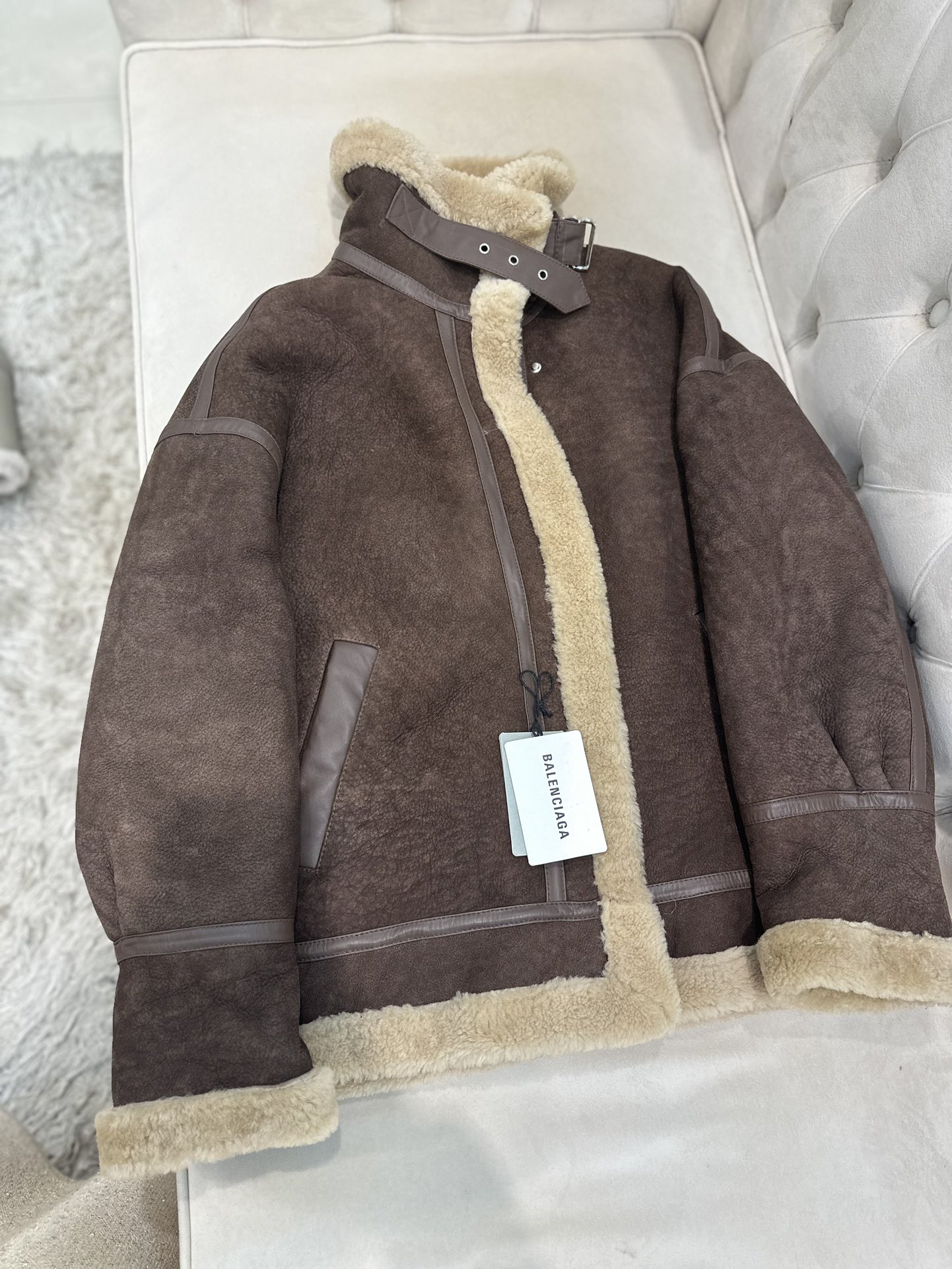 Balenciaga De Pimocha Grey Shearling-Lined Motorcycle Jacket