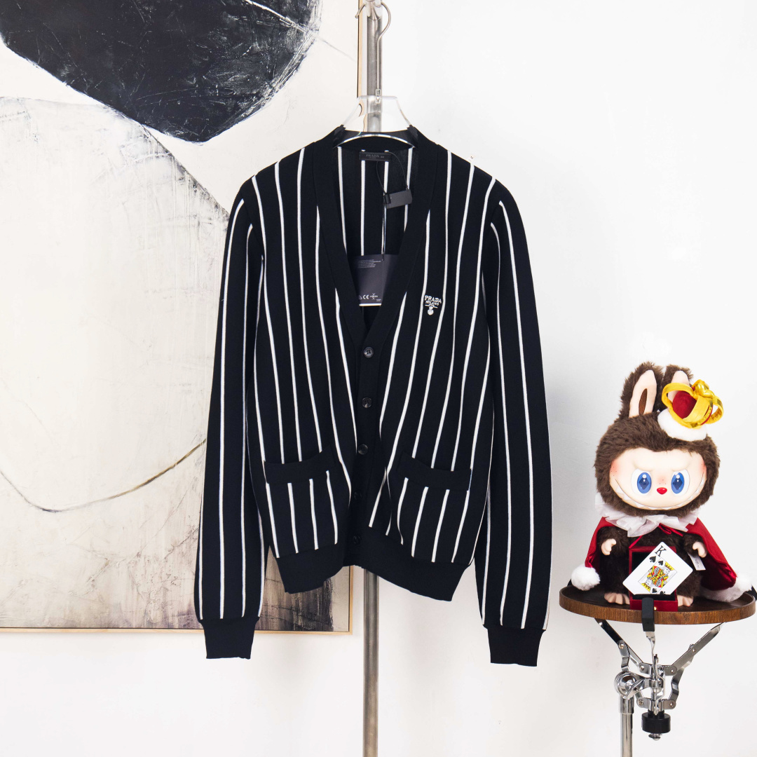 PRADA Striped Jacquard Embroidered Cardigan