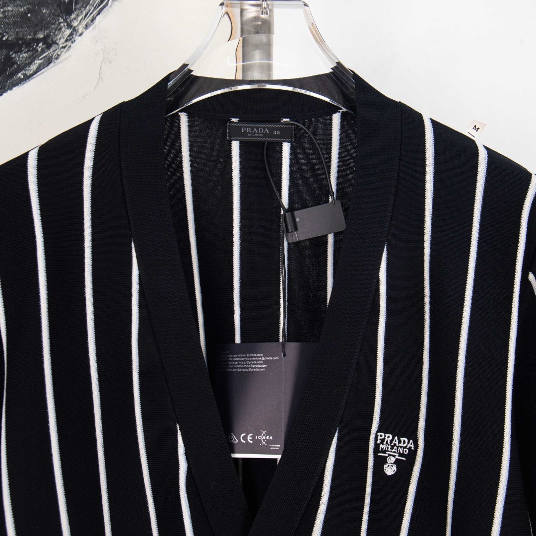 PRADA Striped Jacquard Embroidered Cardigan