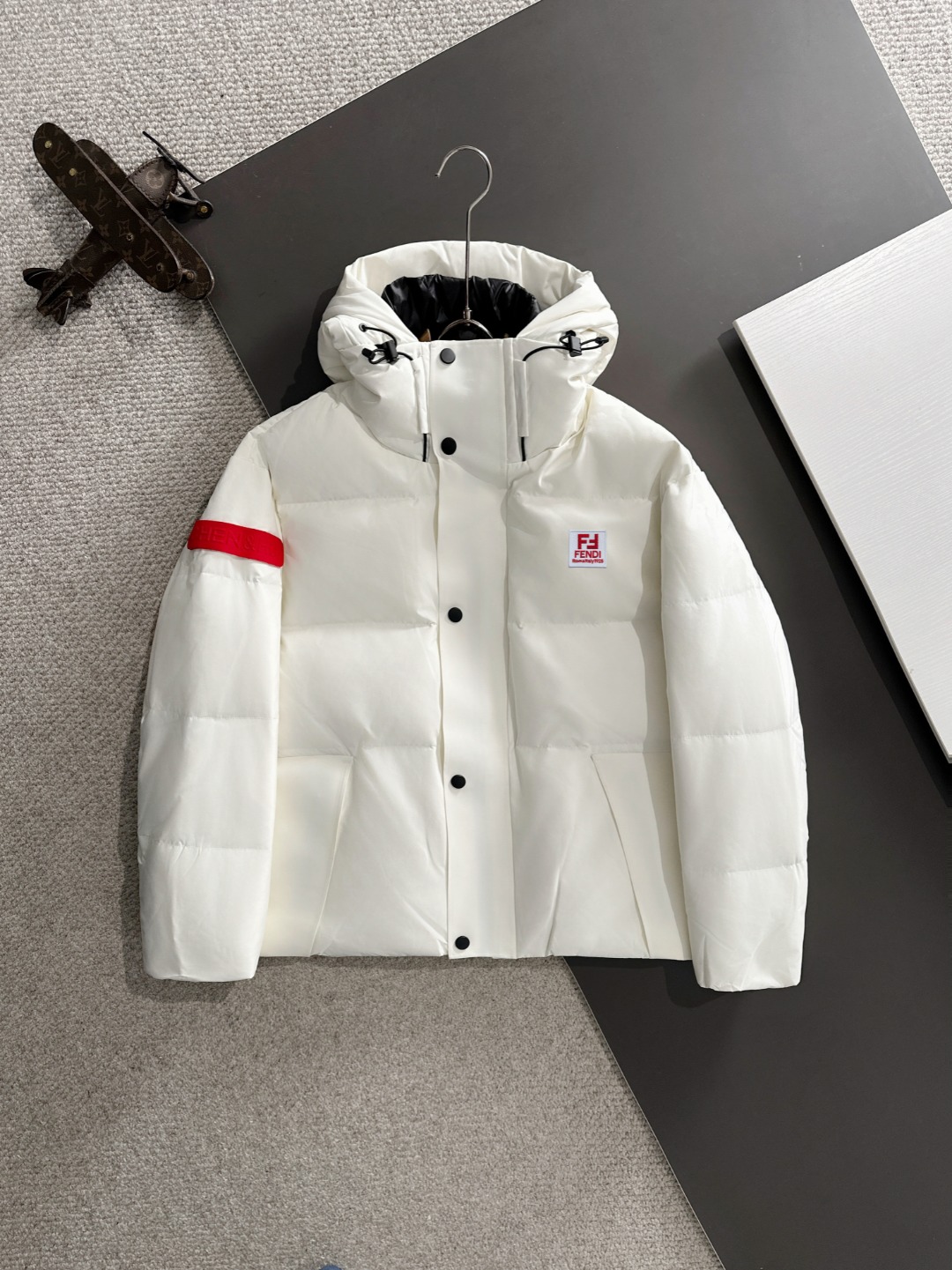 Fendi FJ Logo White Puffer Jacket with Red Stripe