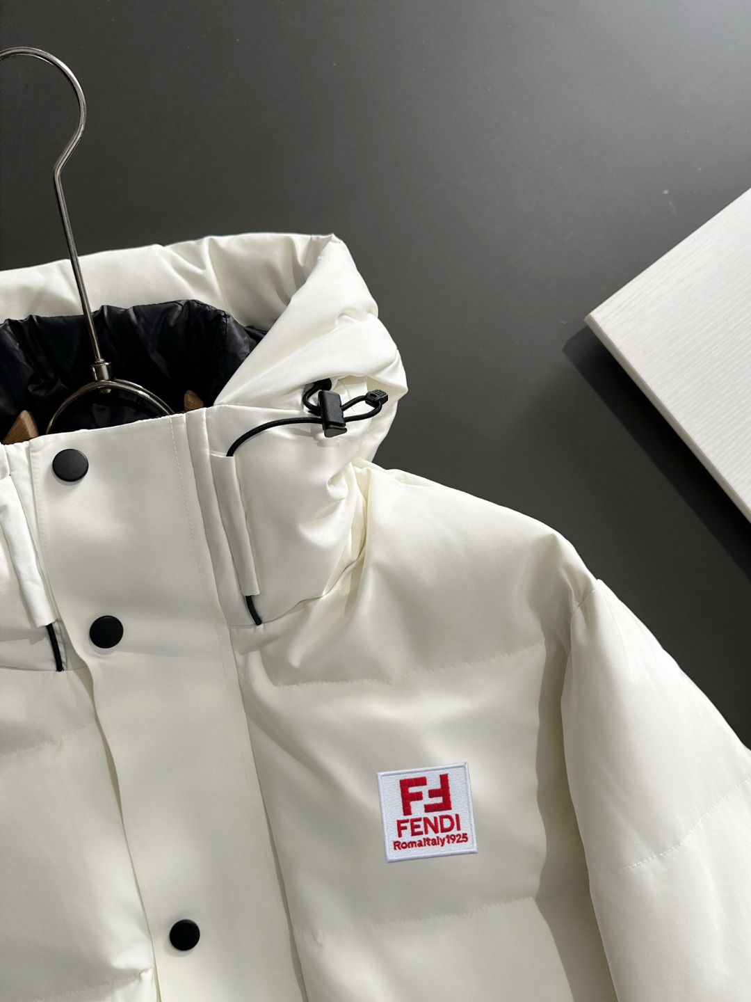 Fendi FJ Logo White Puffer Jacket with Red Stripe