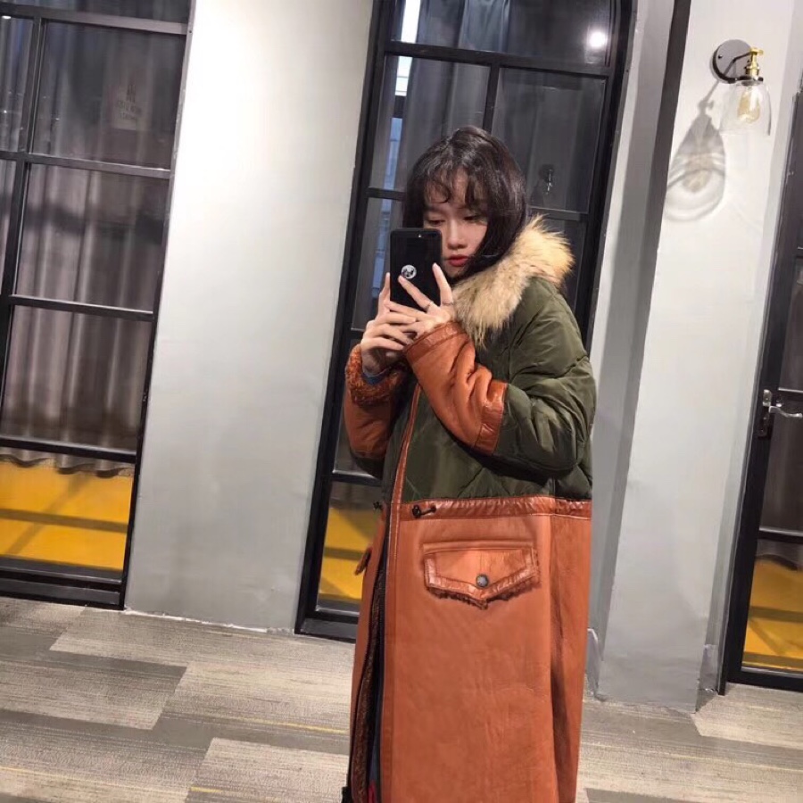 Moncler Long Leather and Fur Coat with 90% White Duck Down