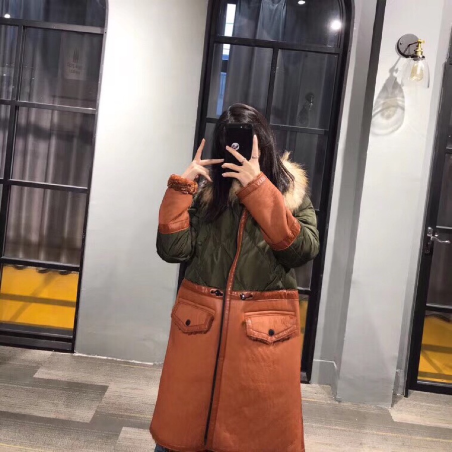 Moncler Long Leather and Fur Coat with 90% White Duck Down