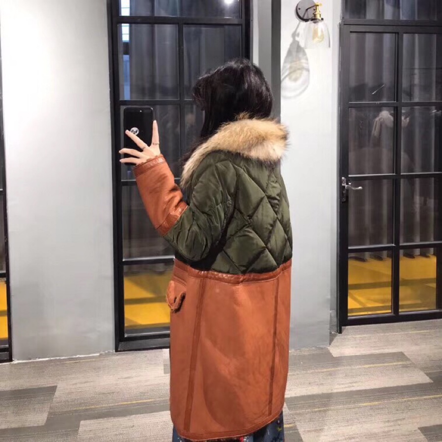 Moncler Long Leather and Fur Coat with 90% White Duck Down