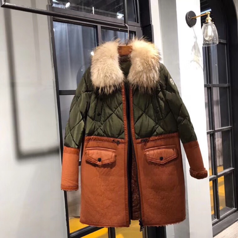 Moncler Long Leather and Fur Coat with 90% White Duck Down