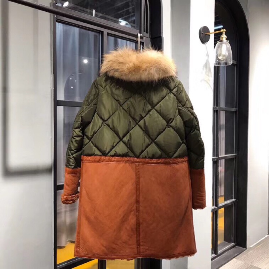 Moncler Long Leather and Fur Coat with 90% White Duck Down