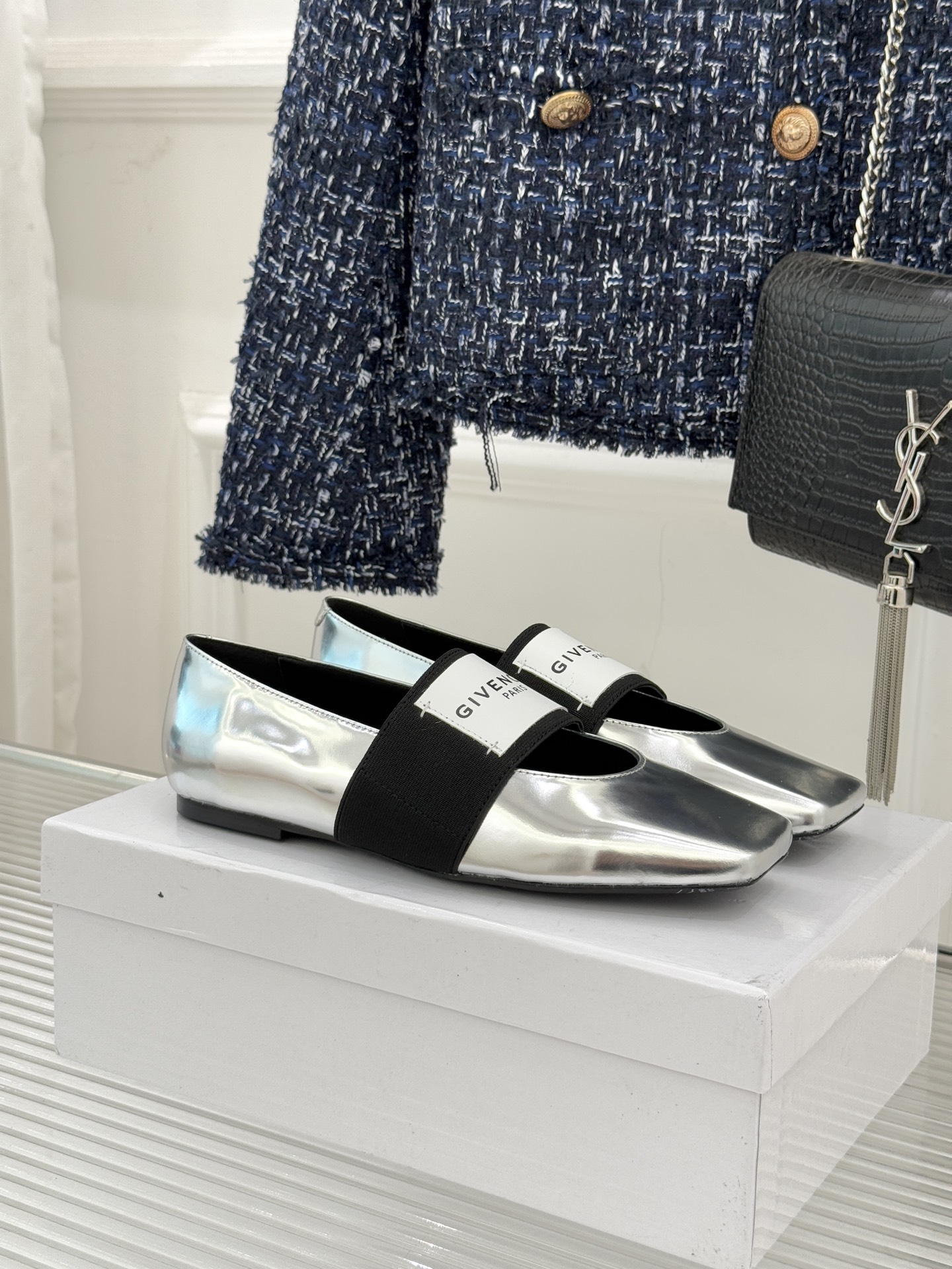 Givenchy Sliced Square Ballerinas in Metallic Patent Leather
