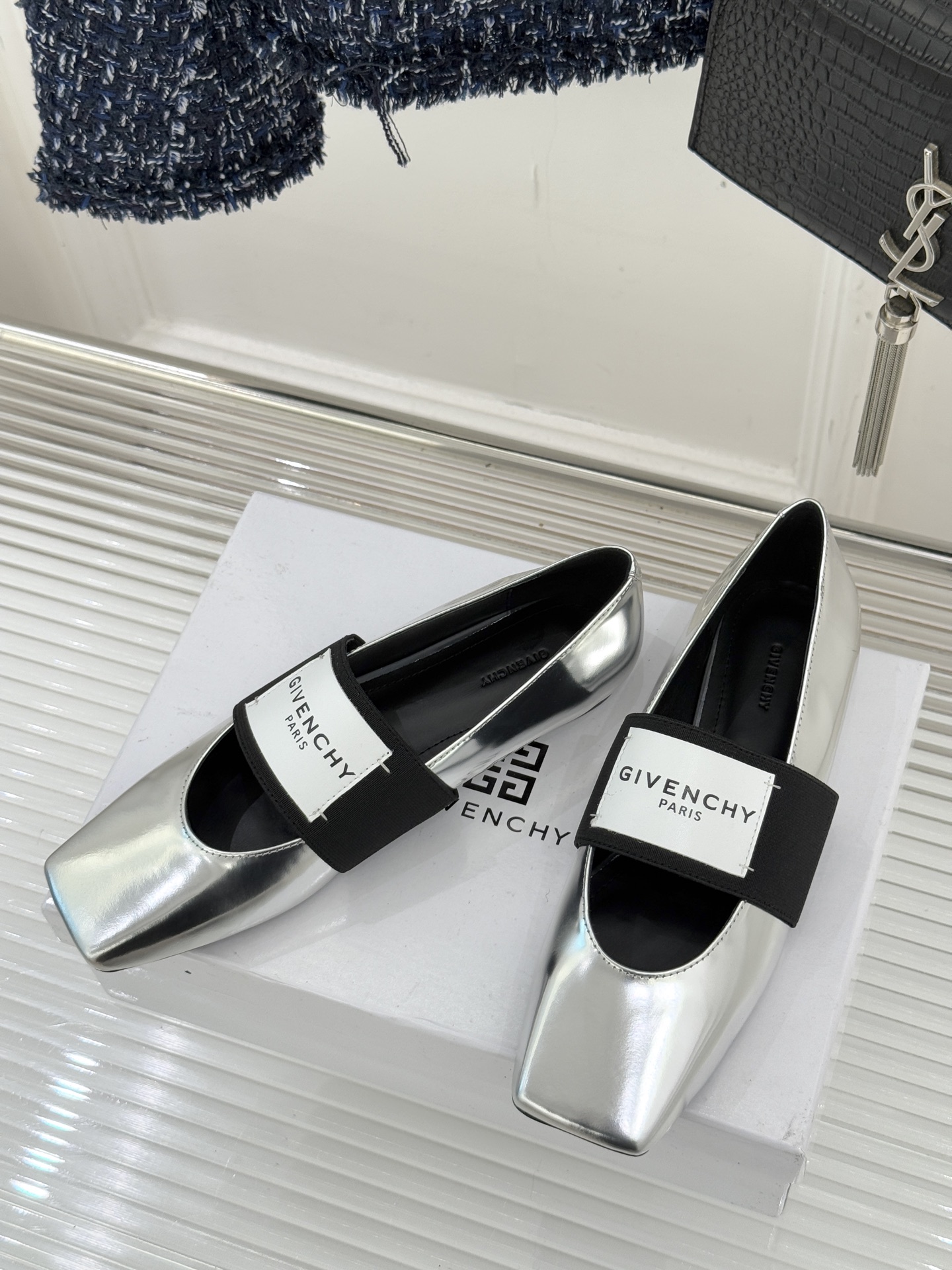 Givenchy Sliced Square Ballerinas in Metallic Patent Leather