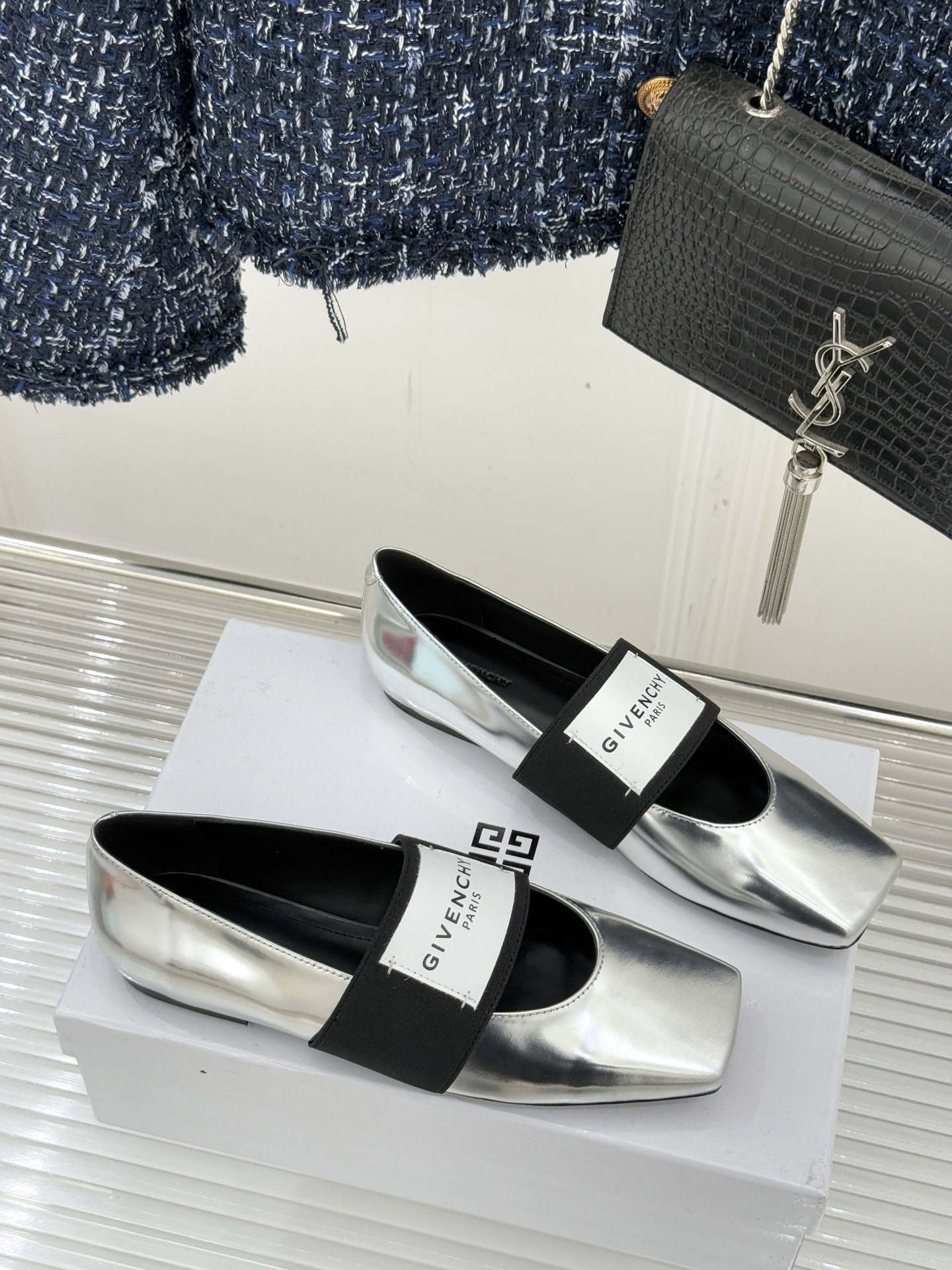 Givenchy Sliced Square Ballerinas in Metallic Patent Leather