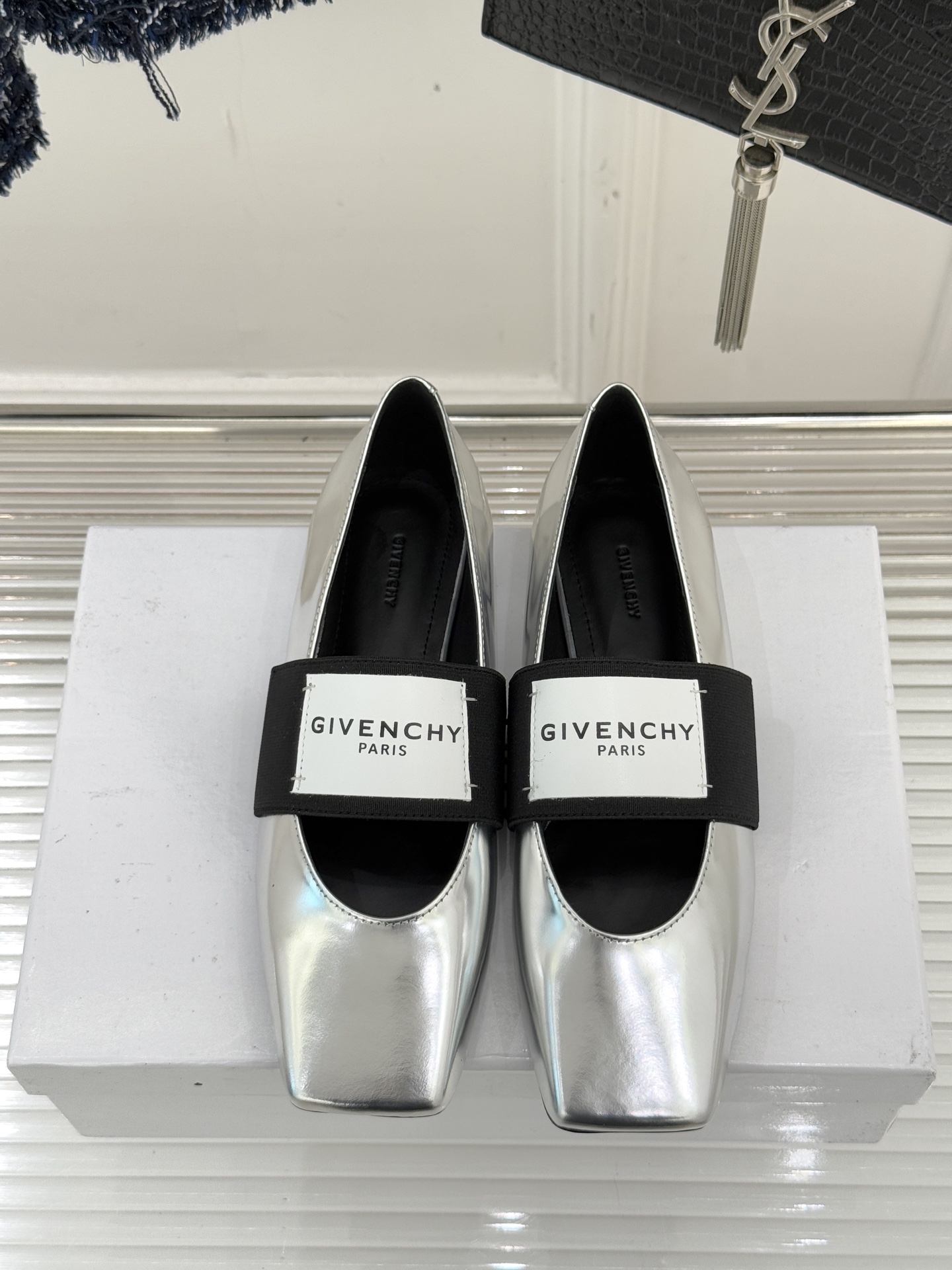 Givenchy Sliced Square Ballerinas in Metallic Patent Leather