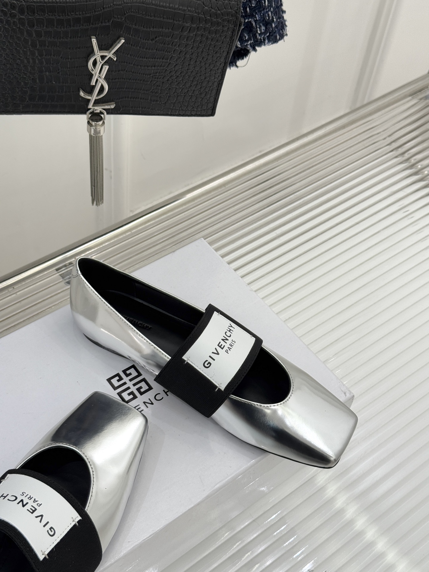 Givenchy Sliced Square Ballerinas in Metallic Patent Leather