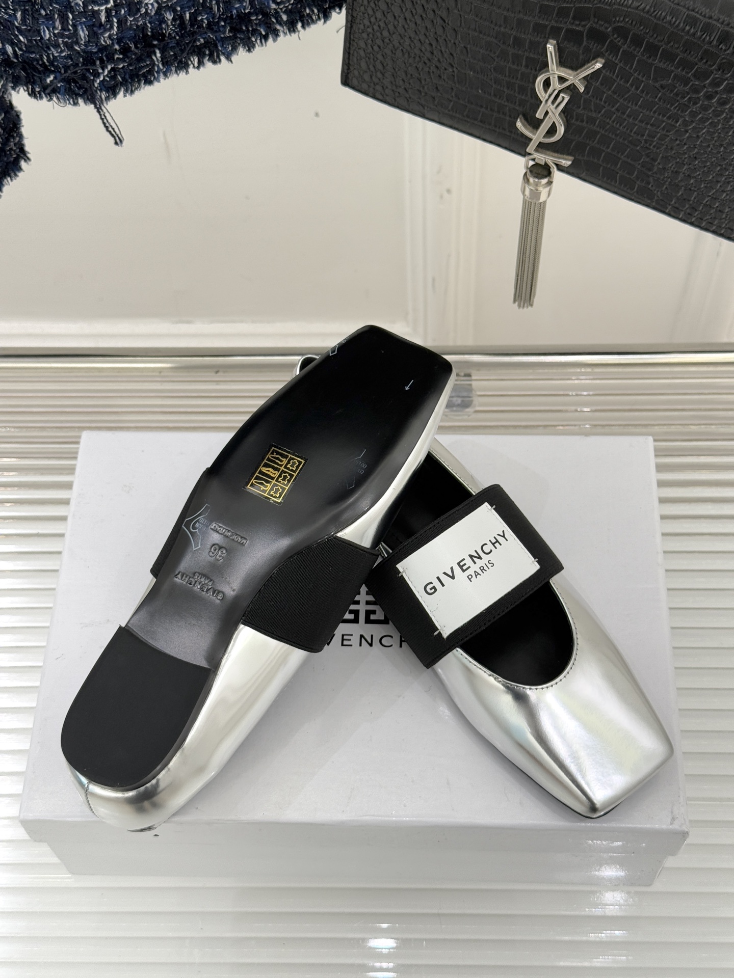 Givenchy Sliced Square Ballerinas in Metallic Patent Leather