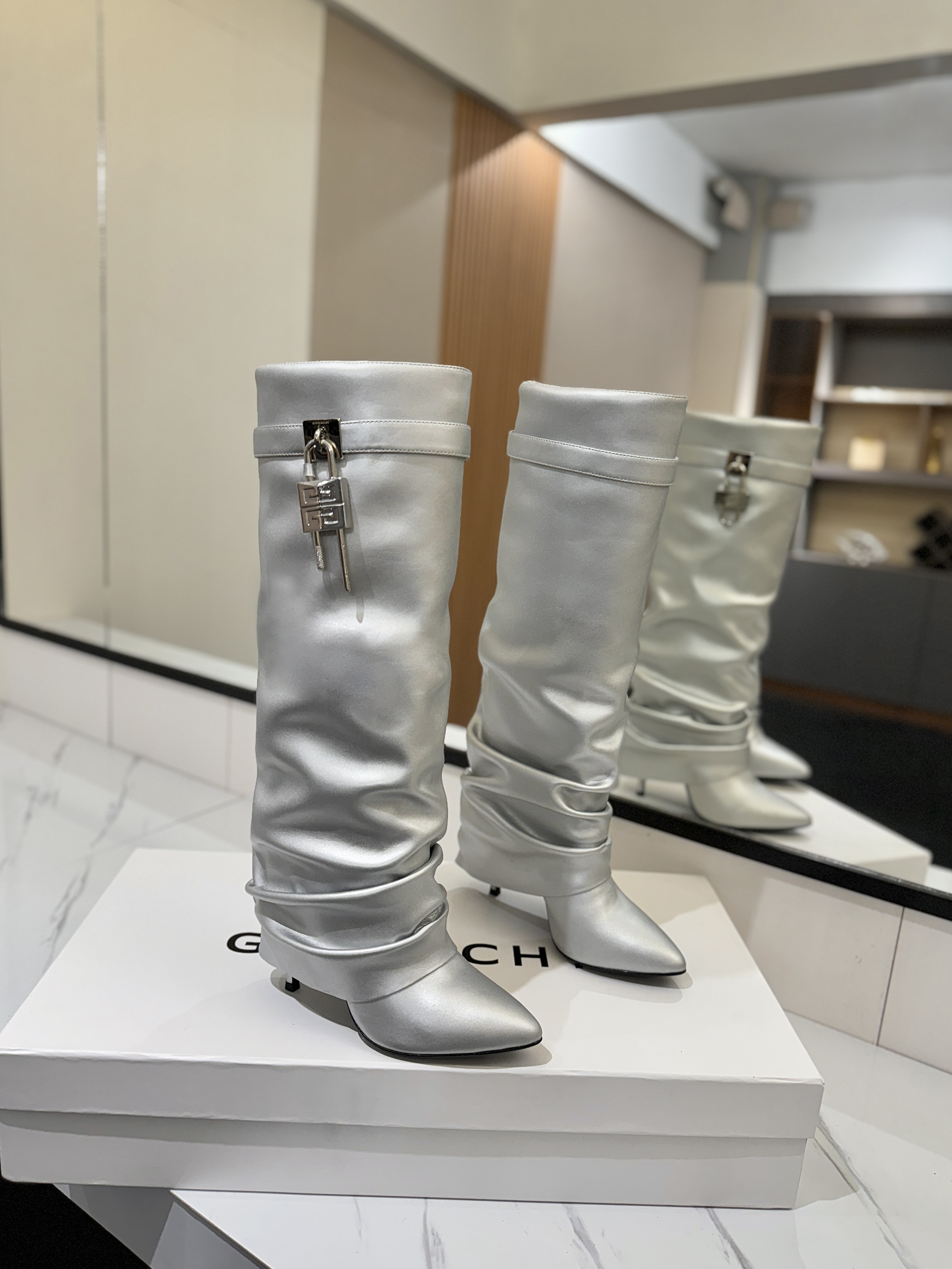 Givenchy Shark Lock Knee-High Boots in Metallic Leather