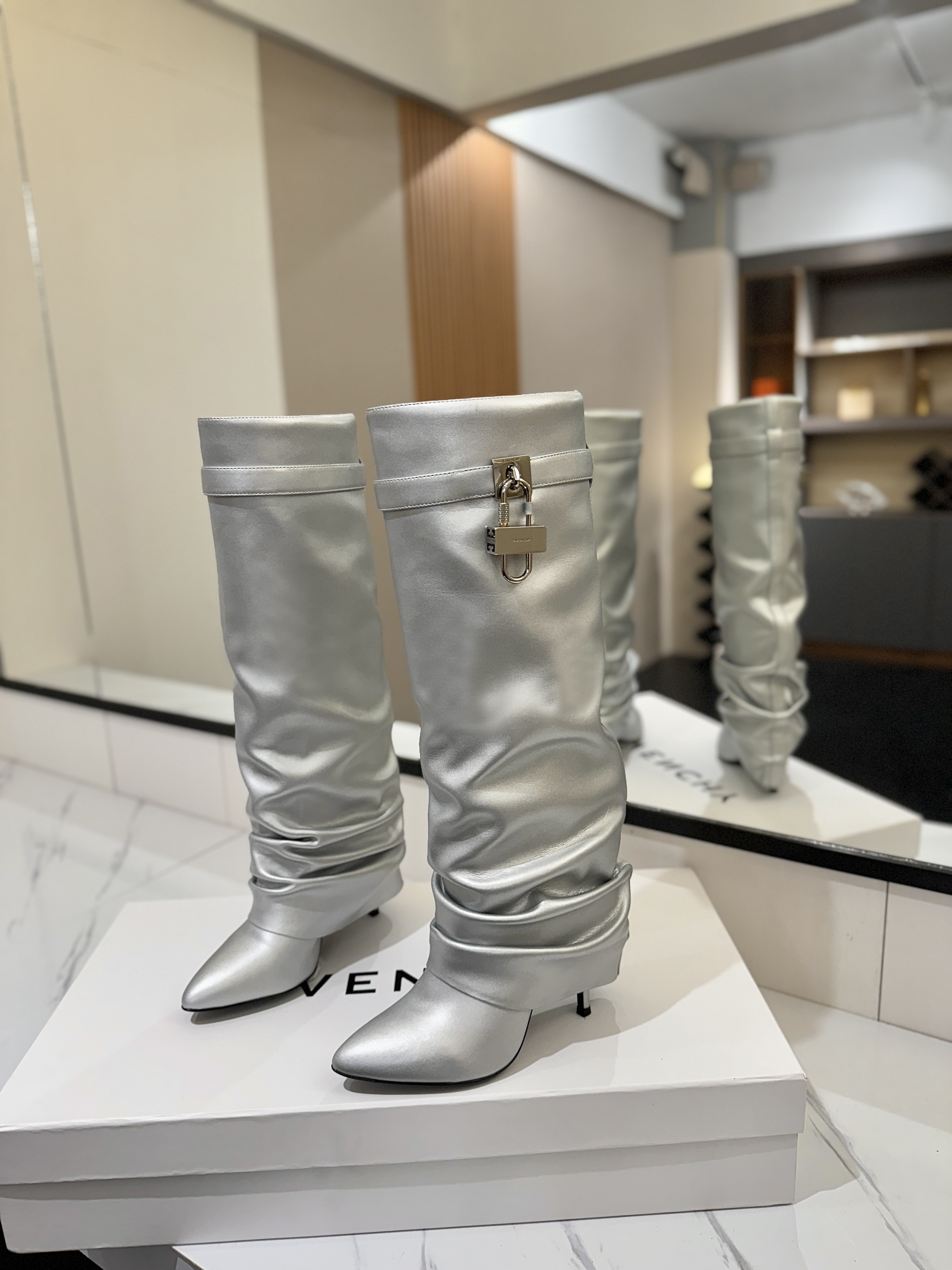 Givenchy Shark Lock Knee-High Boots in Metallic Leather