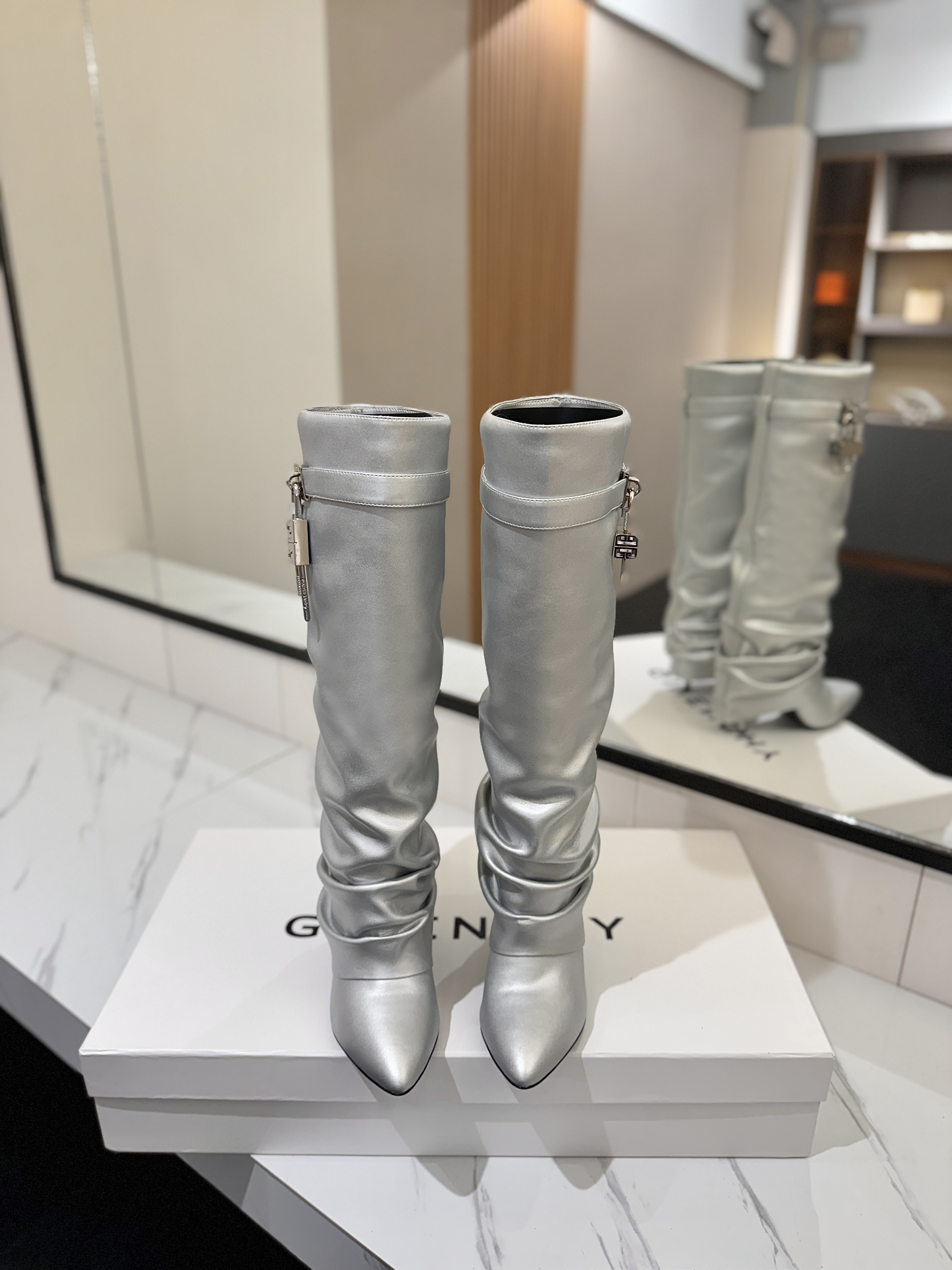 Givenchy Shark Lock Knee-High Boots in Metallic Leather