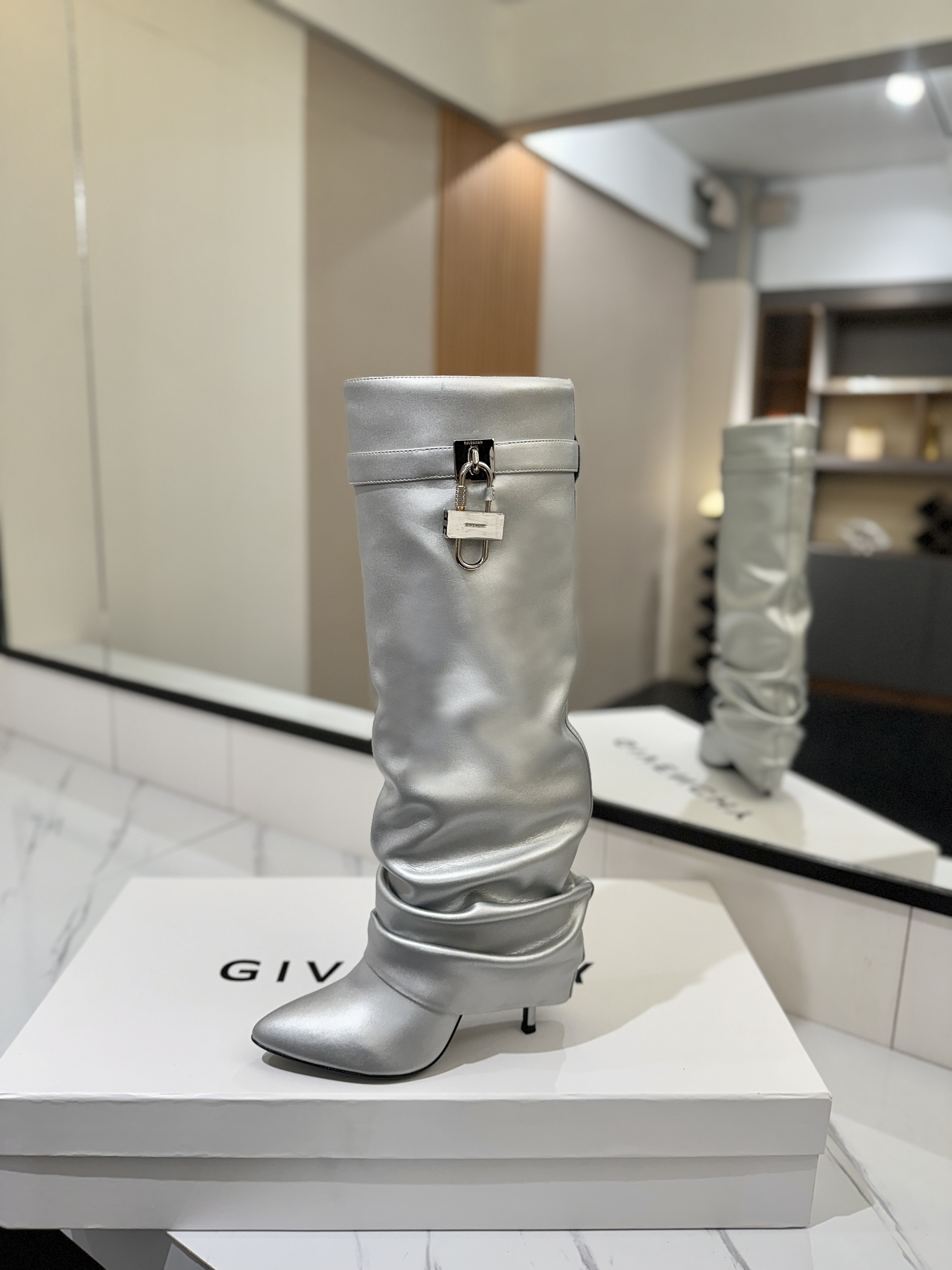 Givenchy Shark Lock Knee-High Boots in Metallic Leather