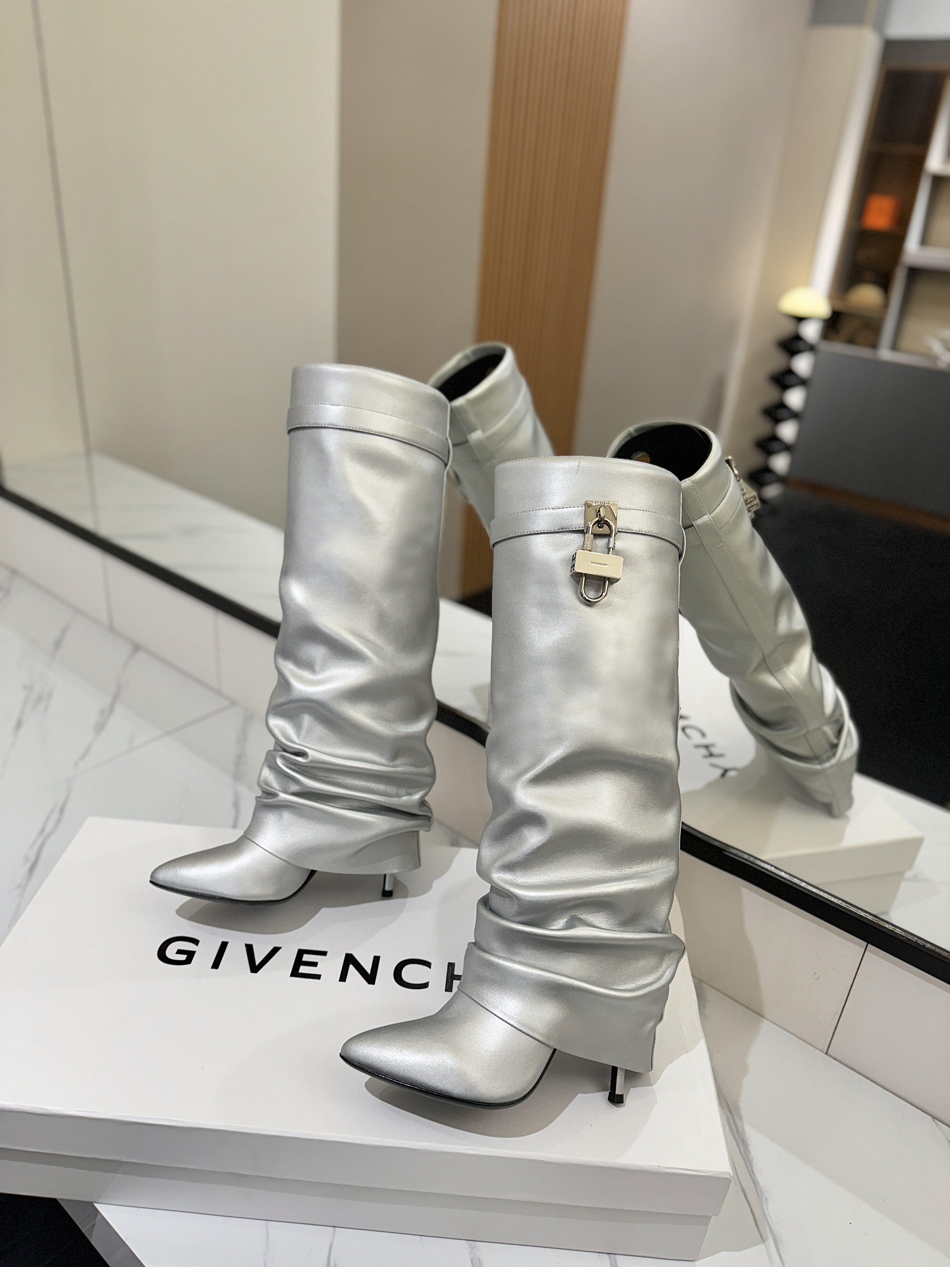 Givenchy Shark Lock Knee-High Boots in Metallic Leather