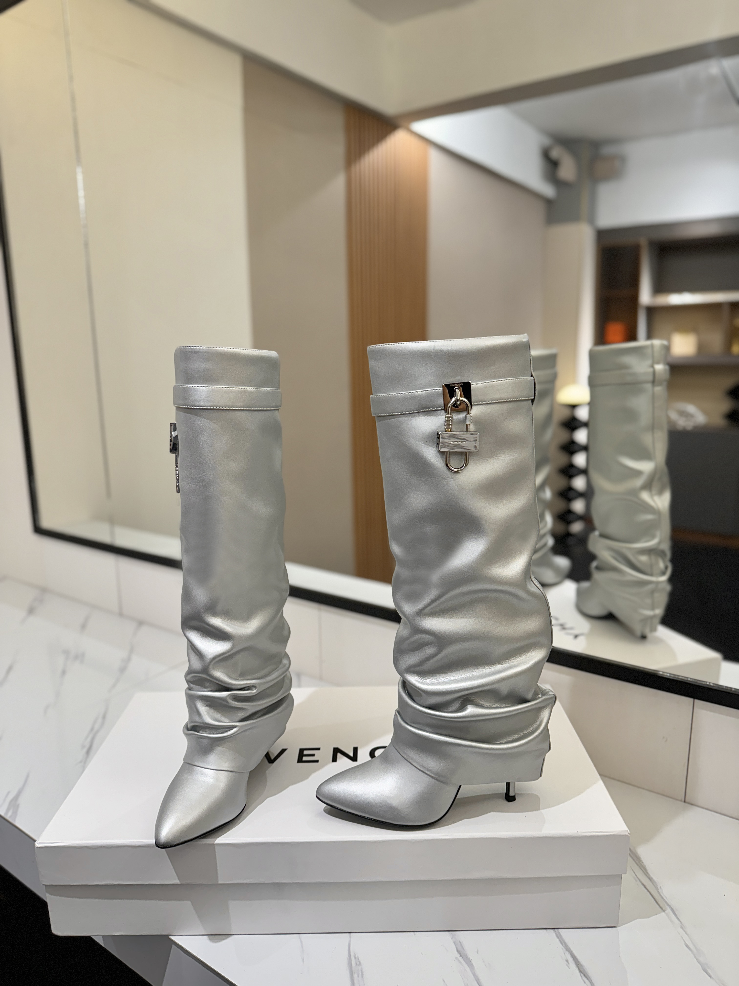 Givenchy Shark Lock Knee-High Boots in Metallic Leather