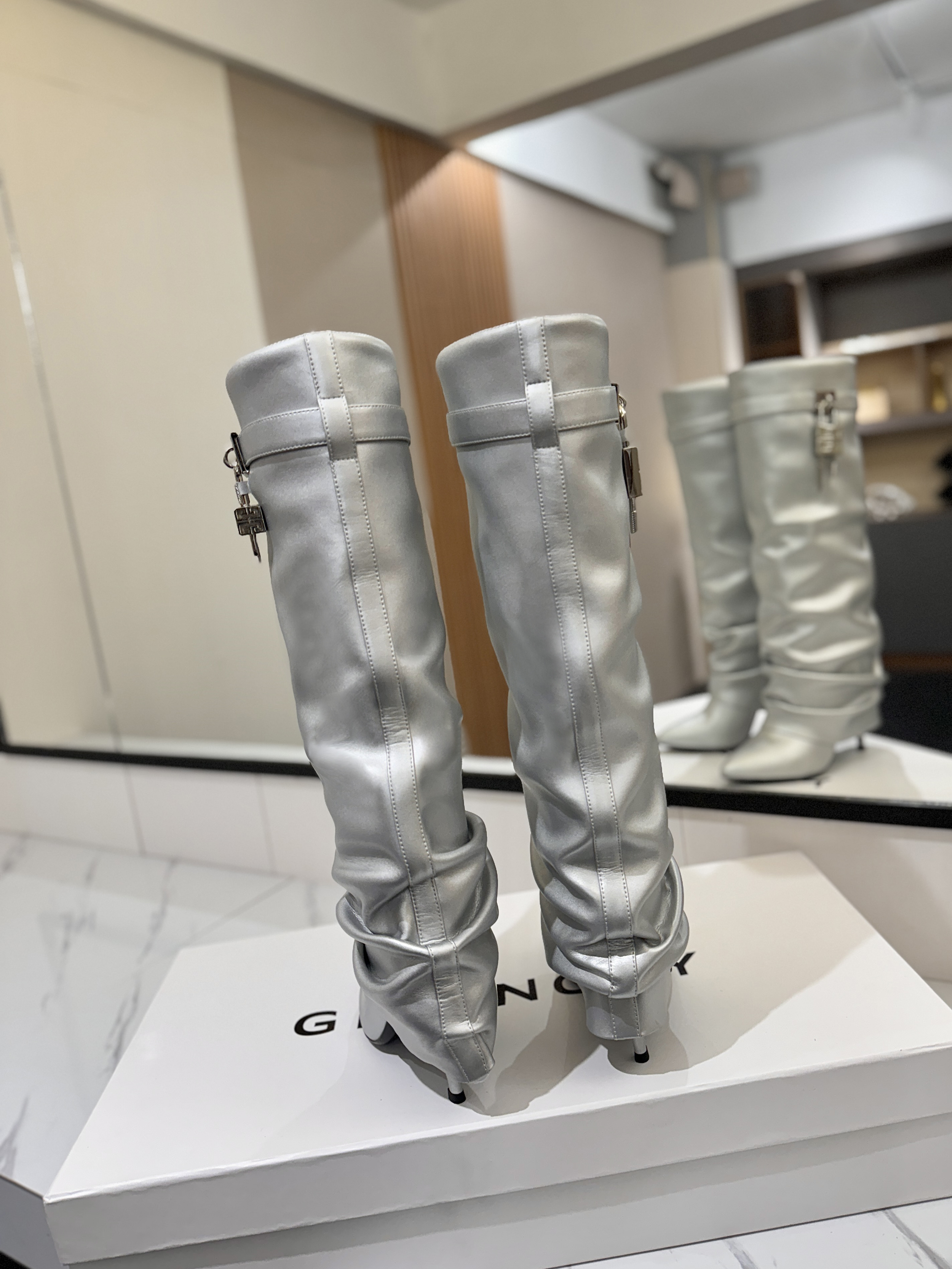 Givenchy Shark Lock Knee-High Boots in Metallic Leather