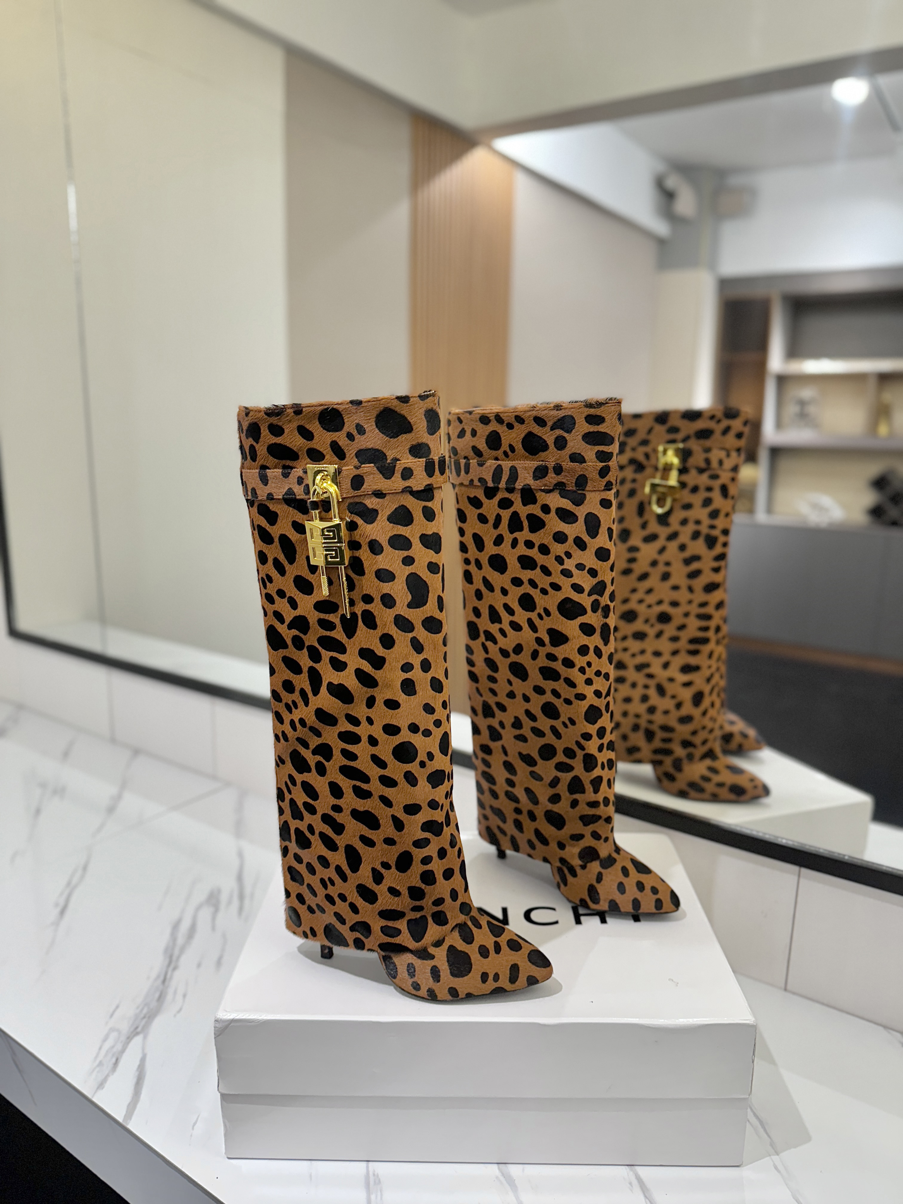 Givenchy Shark Lock Leopard-Print Knee-High Boots