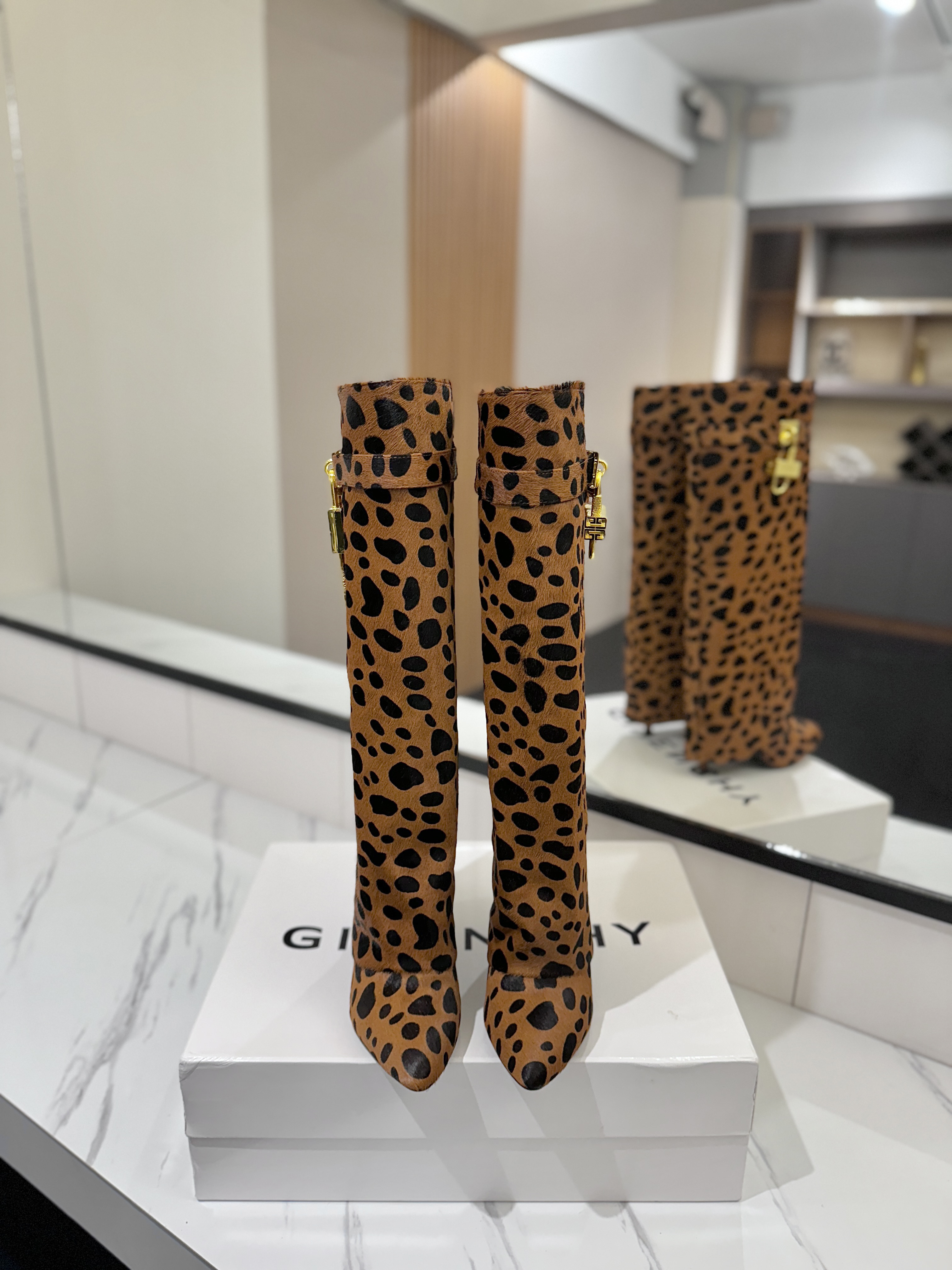 Givenchy Shark Lock Leopard-Print Knee-High Boots