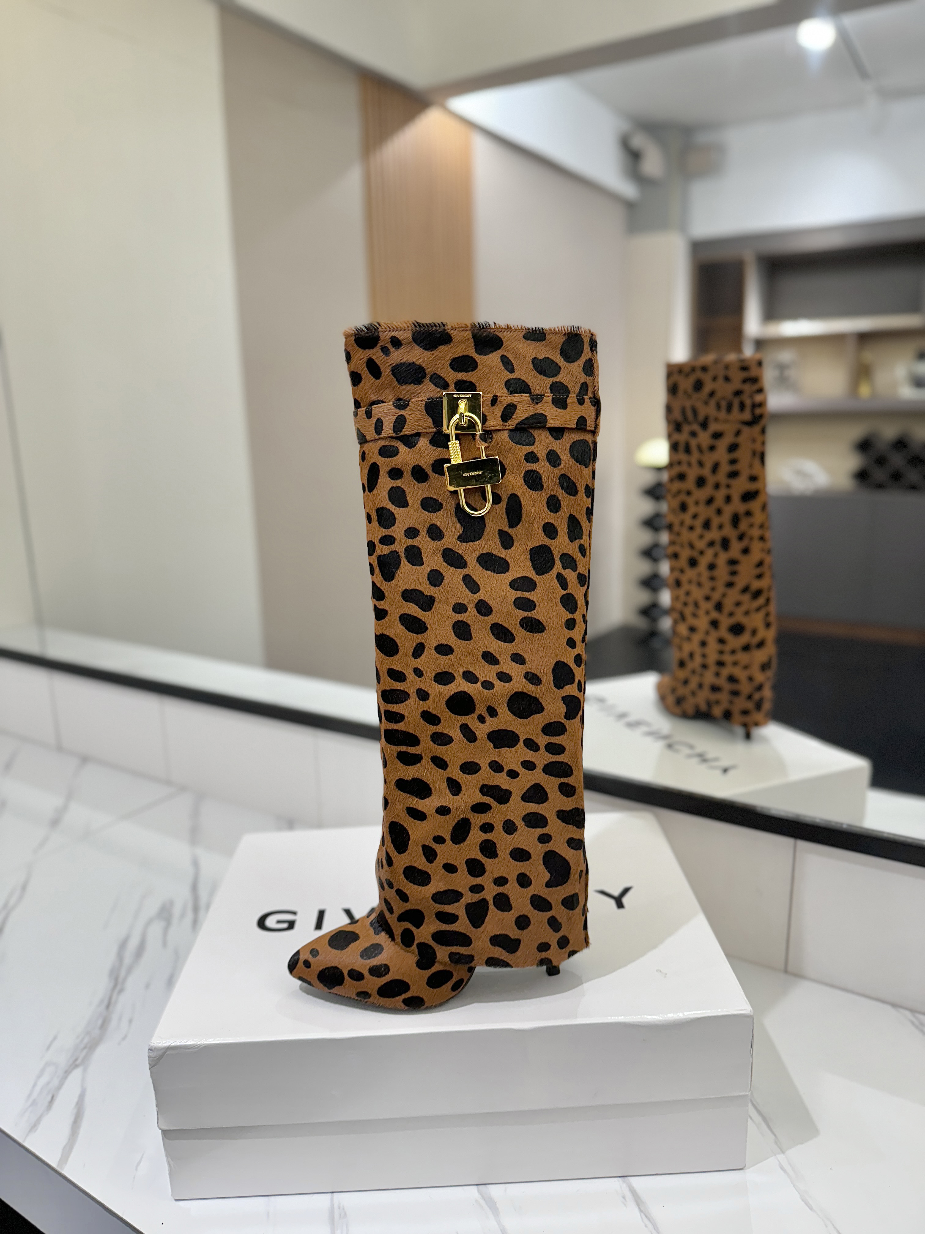 Givenchy Shark Lock Leopard-Print Knee-High Boots